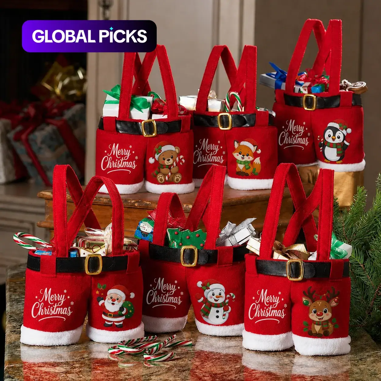 6 Christmas Candy Bags, Santa Pants, Gift Bags, Party Bags with Handles, Portable Candy Gift Basket, Perfect for Christmas Parties