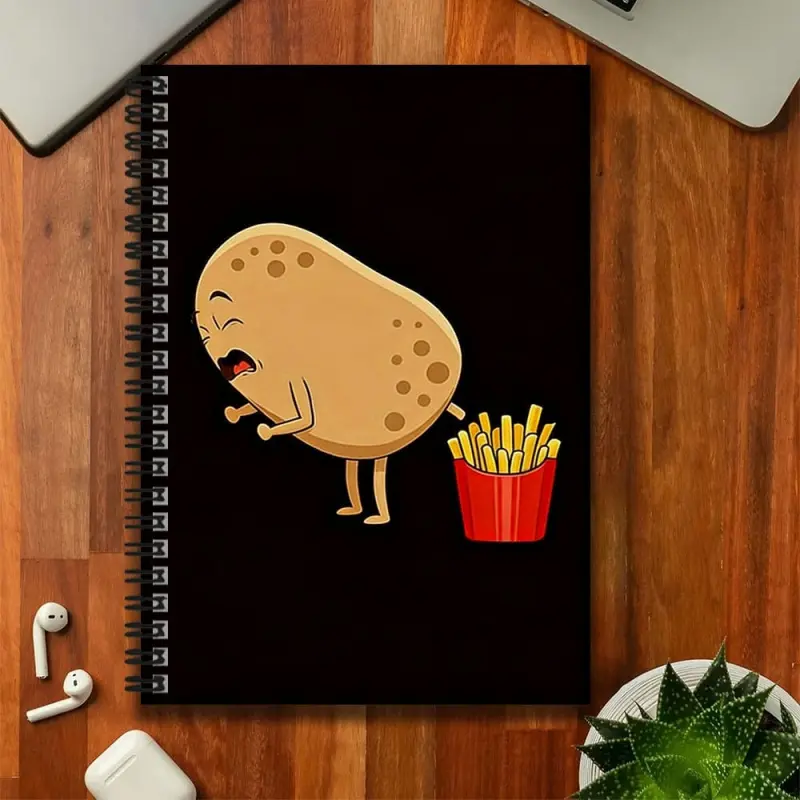 A humorous cartoon-style spiral notebook, featuring a potato character that is full of fun and vivid expressions, paired with a french fry element that is incredibly eye-catching. A great helper for work and study, can be used for journaling, daily planni