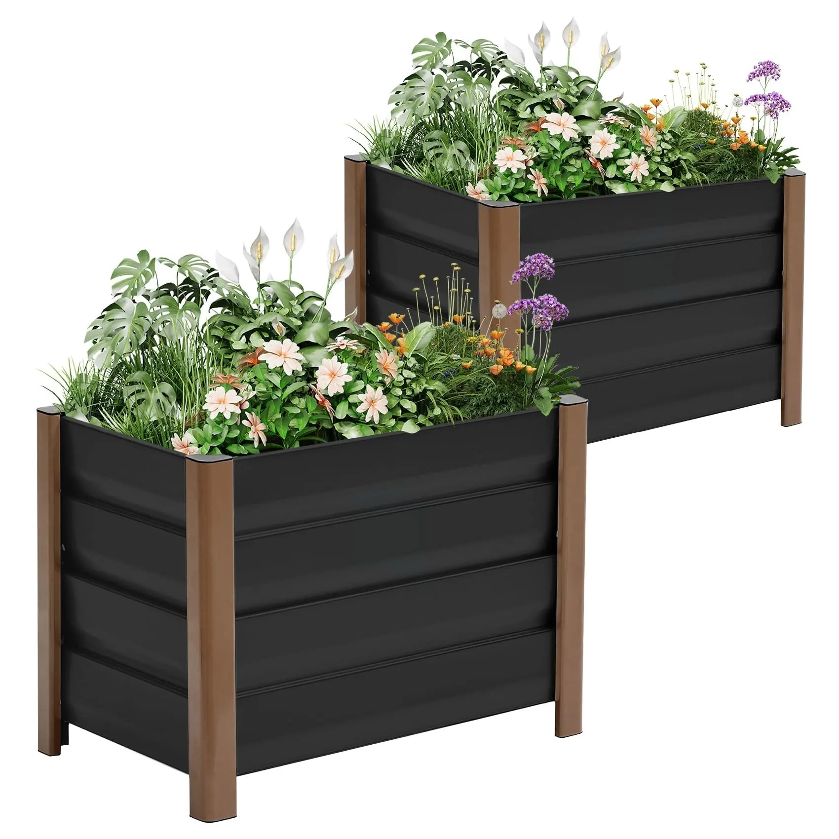 GARVEE 2-Pack Aluminum Planter Box (24"X16"X18") - Modern Raised Garden Bed for Outdoor Gardening, Gray, with Rounded Corners, Anti-Cut Edging, Deep Design, Drainage Holes for Patio/Balcony