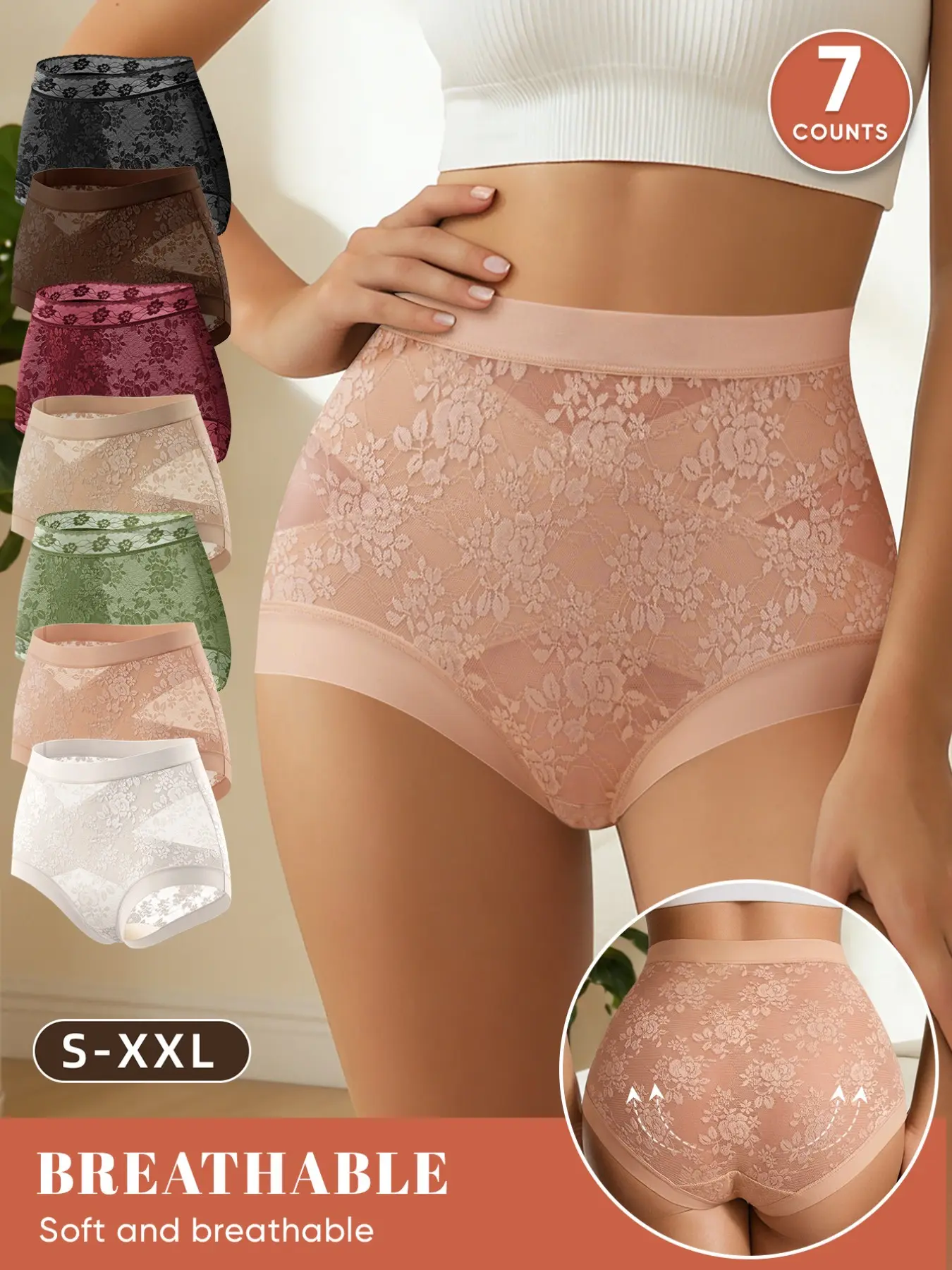 7-Pack Floral Lace Women's Underwear, S-Xxl, Multi-Color, Fitted, Comfy Breathable Seamless, Comfortable Seamless Triangle Panties, All Seasons