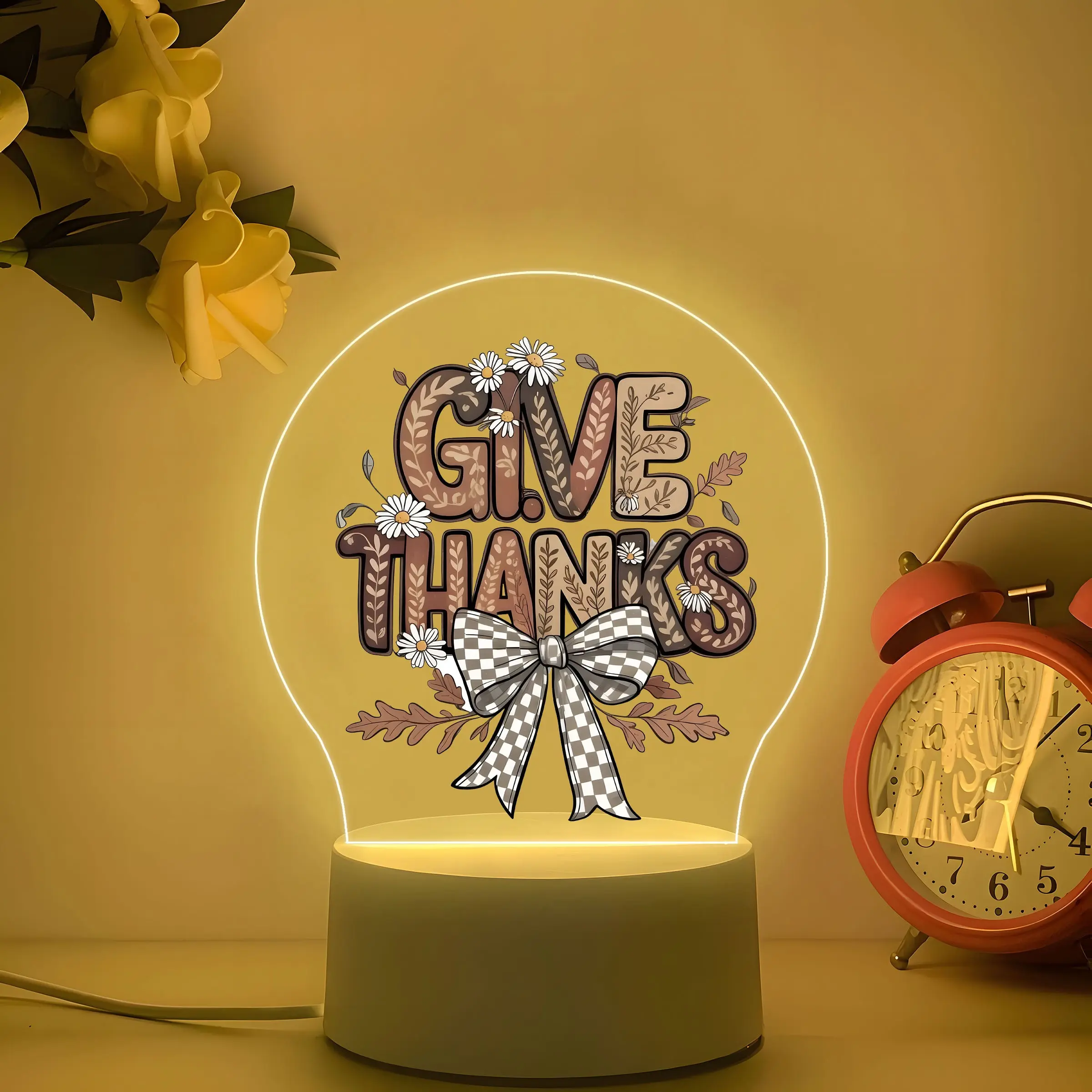 Give Thanks Acrylic Night Light, Soft Warm Glow, American Vintage Style, Thanksgiving Desk Decor, Festive Gift, Daisy Bow Design