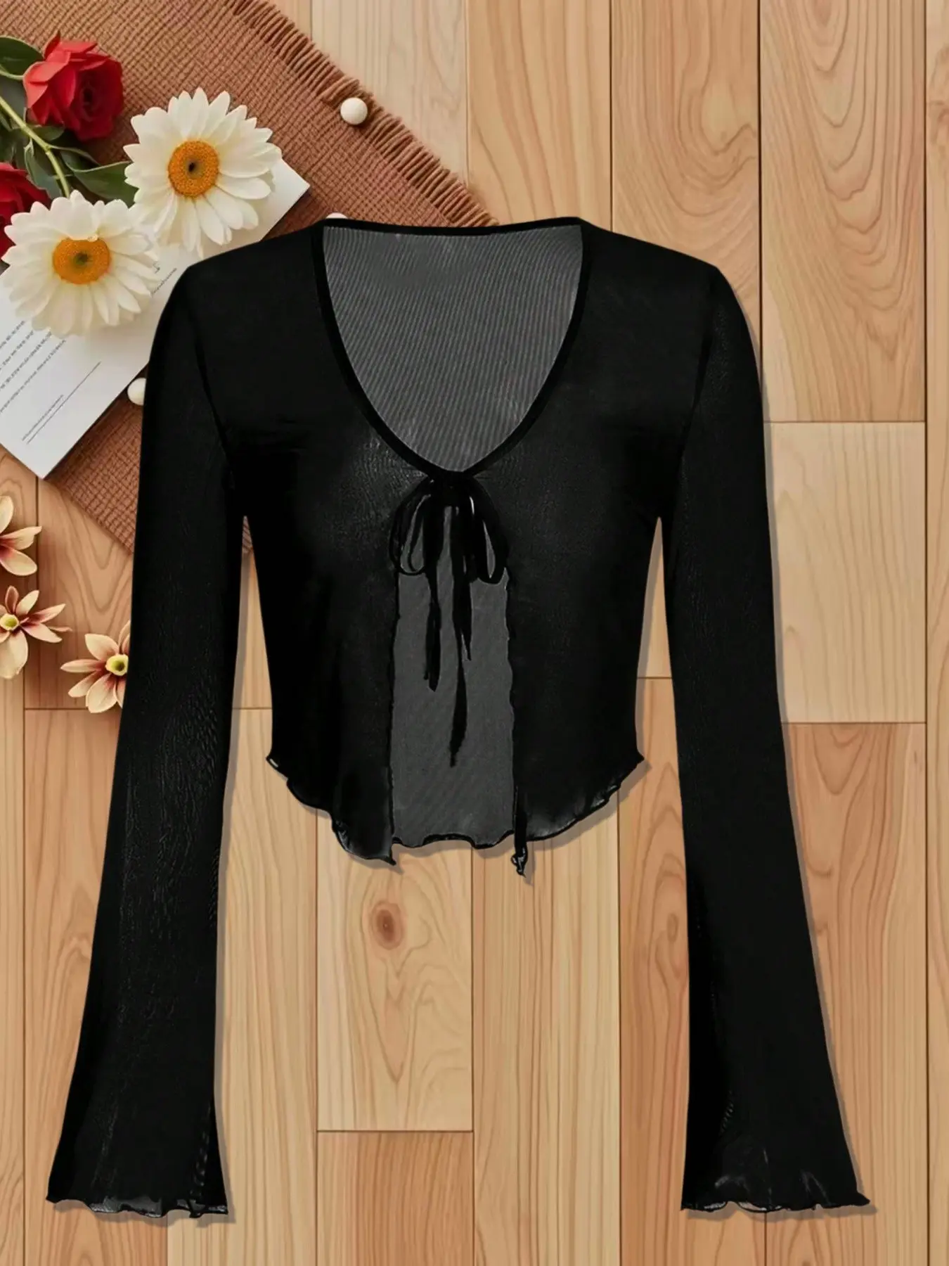 Women's Ruffle Tie Short Sun Protection Cardigan, Soft Beach Vacation Top, Strapless Outerwear, Flared Sleeve Lightweight Cover-Up