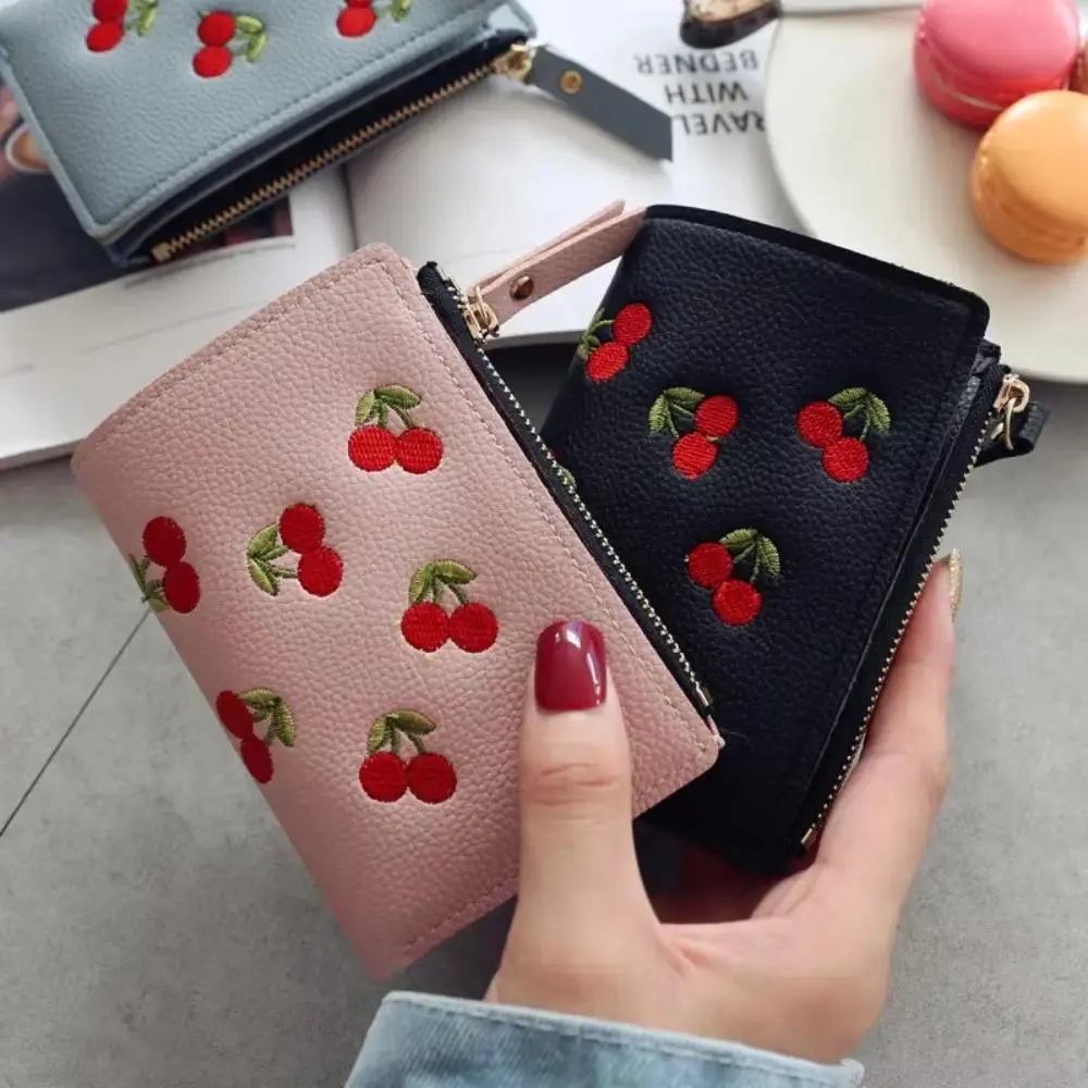 Women's Cherry Embroidery Wallet, Cute Mini Trifold PU Leather Wallet with Wrist Strap and Coin Pocket, Aesthetic Small Card Holder Purse for Daily Carry, Shopping, Travel and Gift