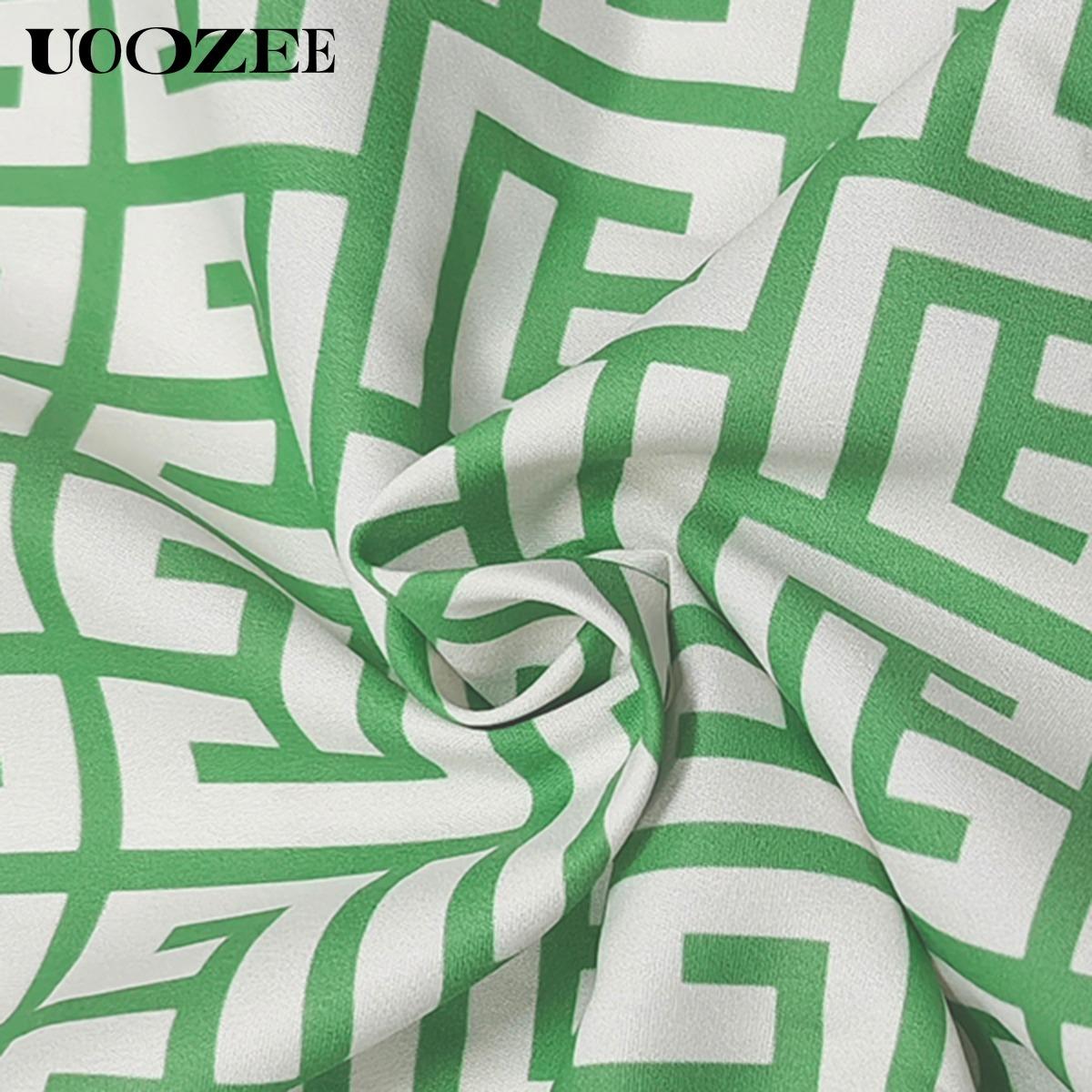 Summer Geometric Print Three-Quarter Sleeve Buttoned Lapel Mini Dress Casual Loose Fit Polyester Cotton Blend