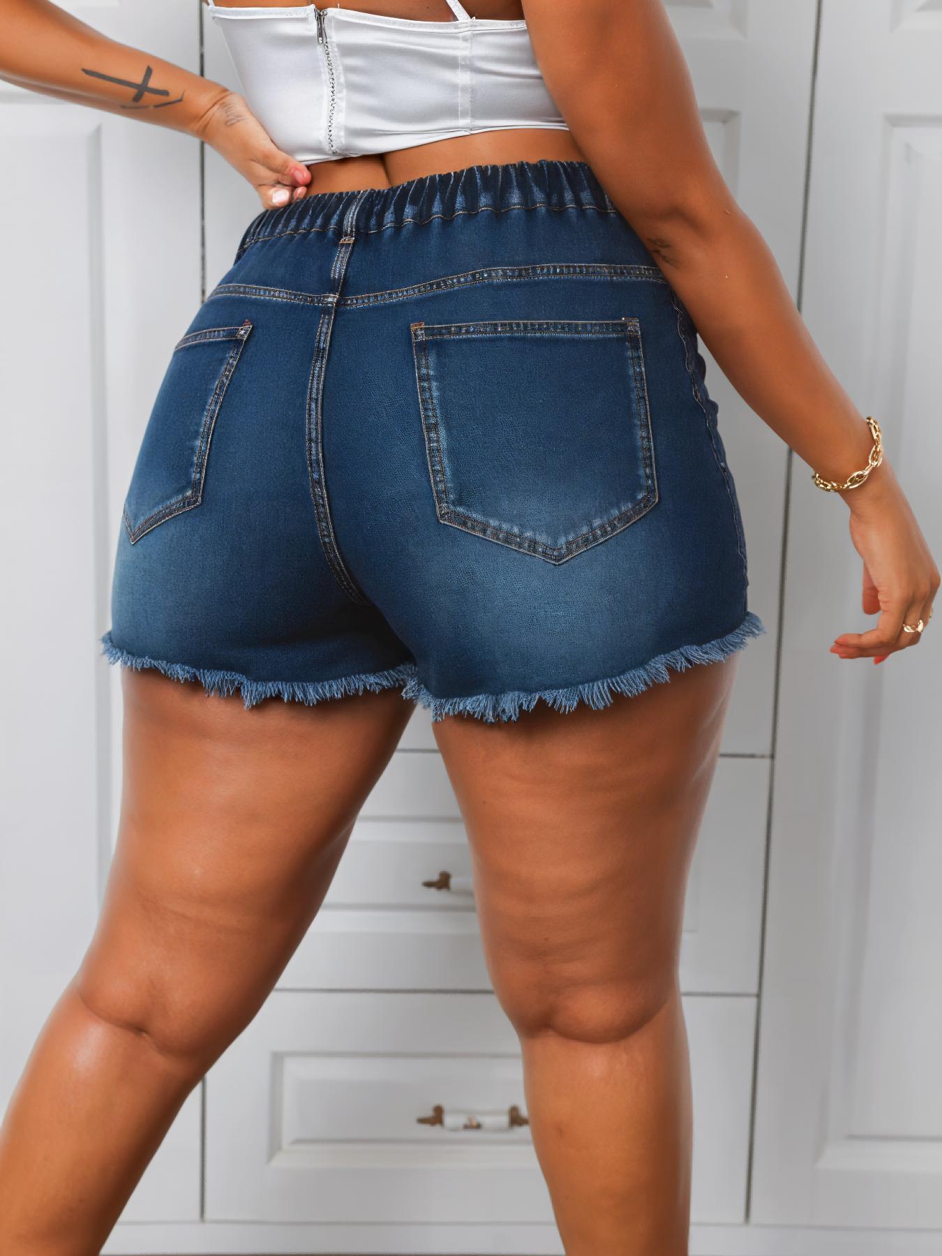 Plus Size Jeans Ripped High Waist Fitted Button Denim Shorts, Fashion Casual Pocket Shorts for Daily Outdoor Wear, Women Plus Size Jeanshort for Summer
