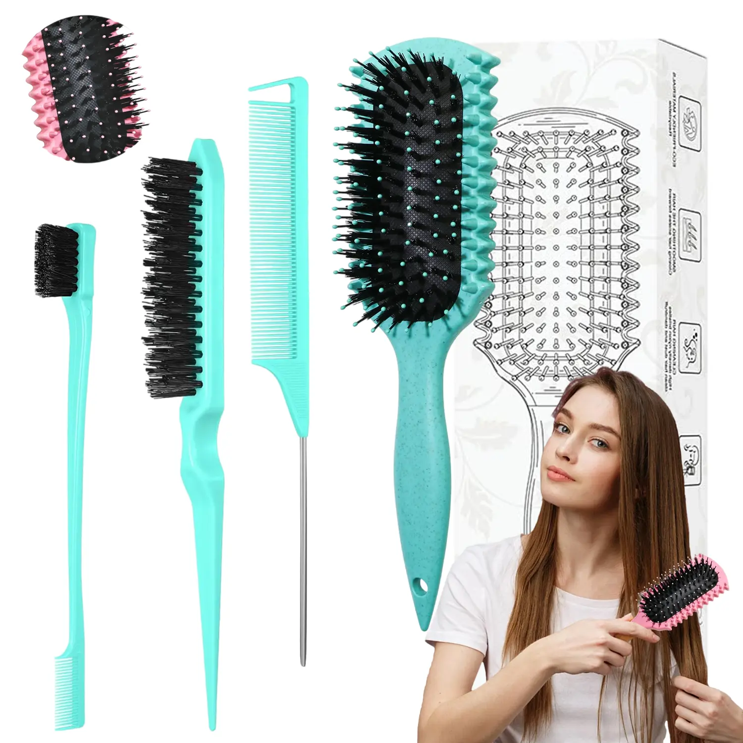3Pcs Curl Defining Brush Set, Green Boar Bristle Edge Control Slick Back Teasing Comb Kit, Non-Slip Ergonomic Styling Brush for Curly Wavy Hair Wet Dry Use