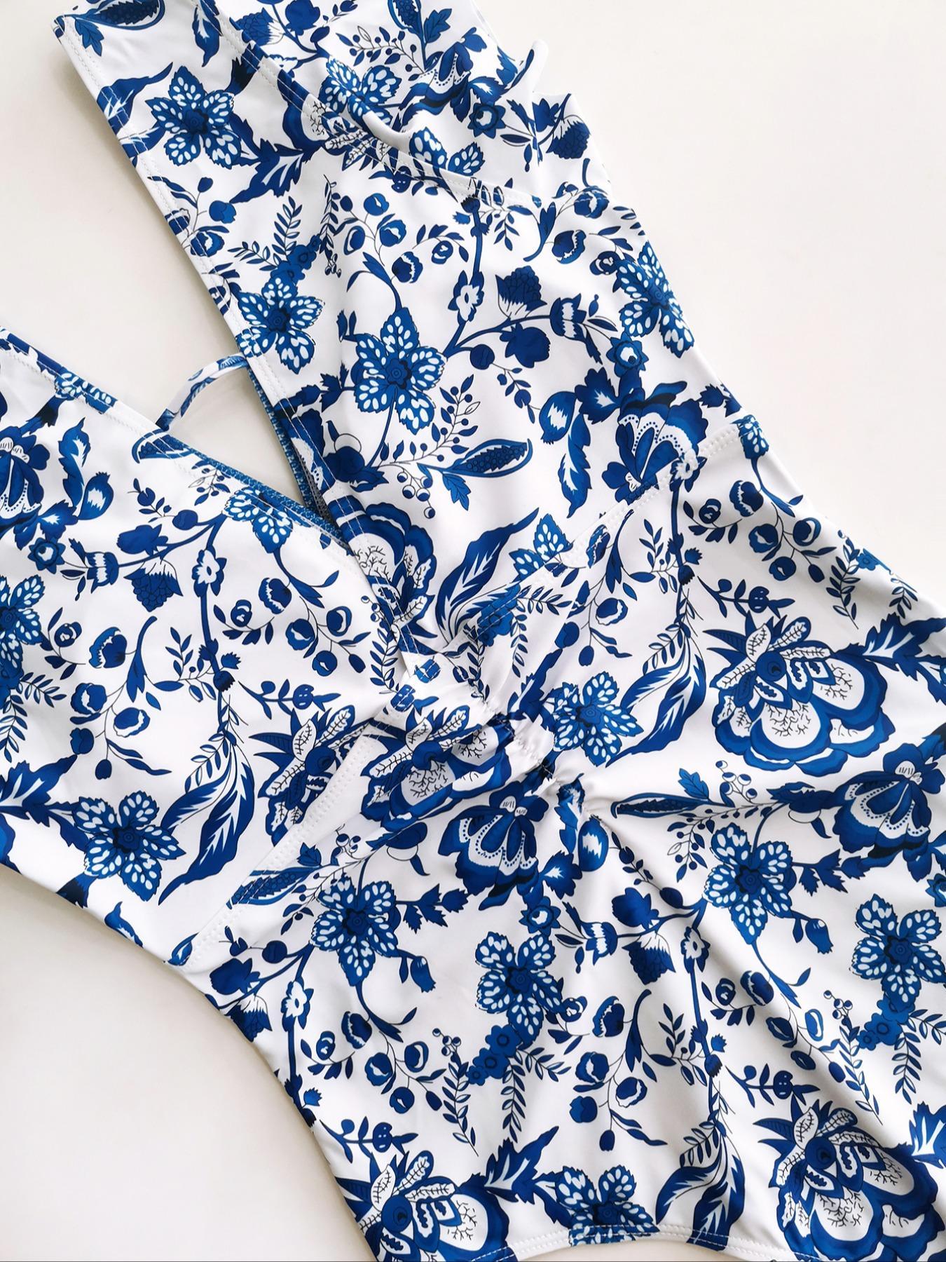 Women's Ruched Ruffle Backless One-piece, Boho Butterfly Sleeve Deep V Neck Swimwear for Beach Holiday Vacation, Floral Print Swimsuits, Ladies Summer Clothes, Swimsuit Style, Floral Print Swimsuit