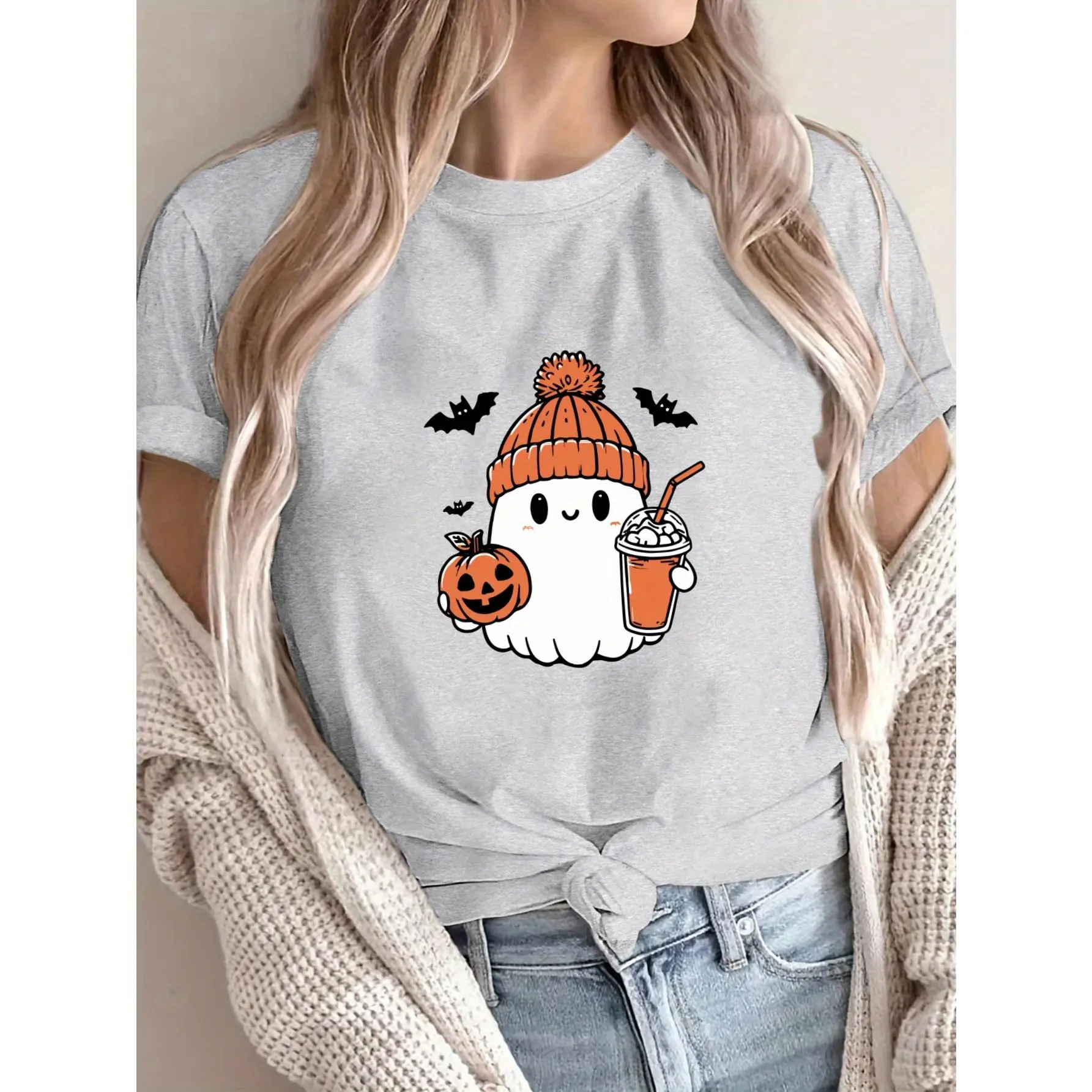 Fashionable Round-Neck Short-Sleeve T-Shirt with Printed Patterns, Labeled As Women'S Clothing