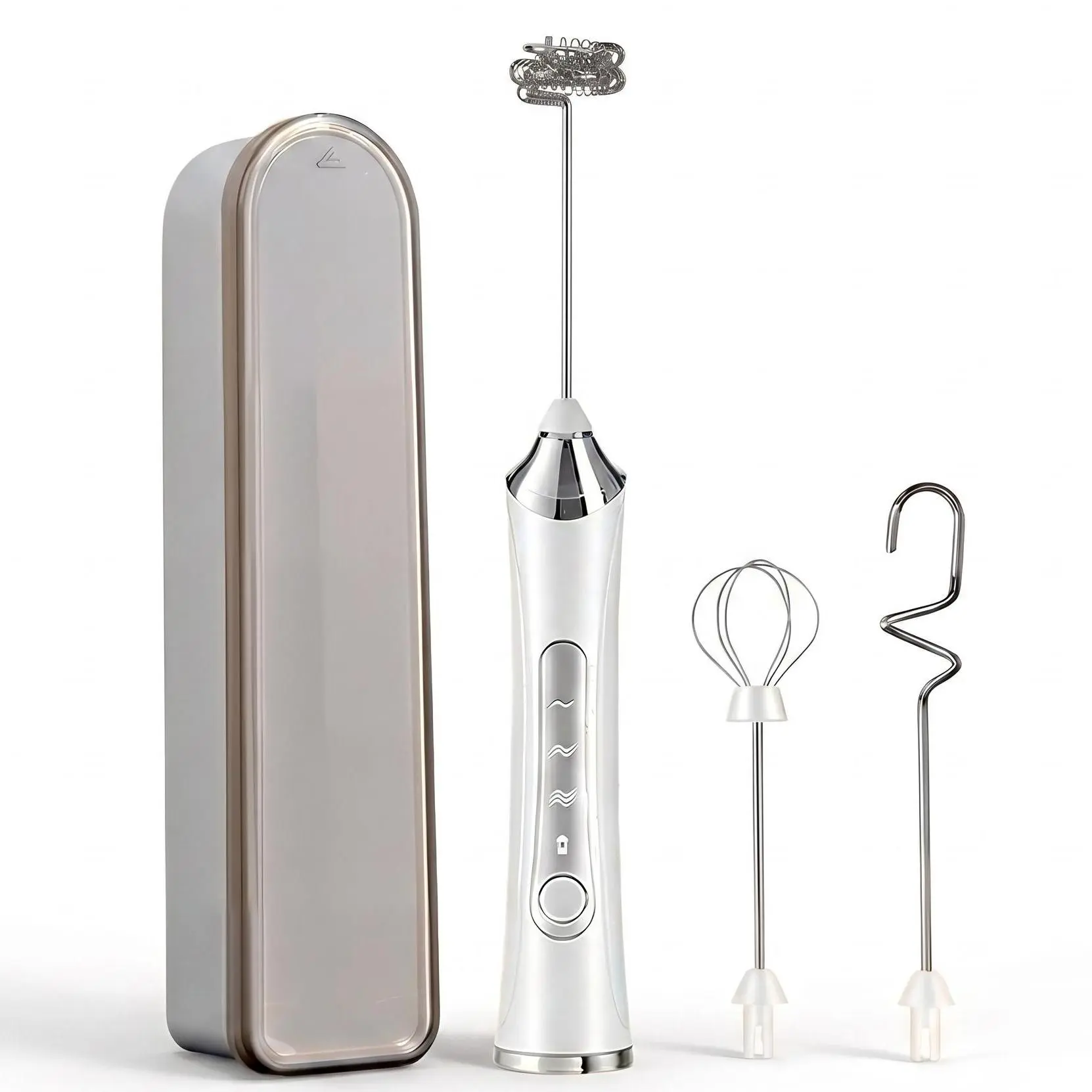 Wireless Hand Mixer Set with Storage Box, 3-Speed USB-C Milk Frother Egg Beater, 3 Stainless Steel Attachments (Whisk, Milk Foam, S Dough Head), Portable Daily Kitchen Mixer for Coffee, Cake, Gift for Bakers
