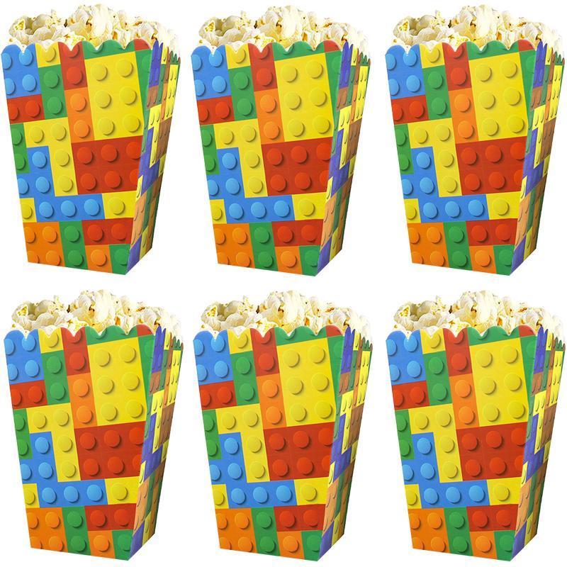 6/12/18pcs Building Block Popcorn Boxes Happy Birthday Party Kids Boys Favors Candy Box Popcorn Boxe Decorations Events Supplies