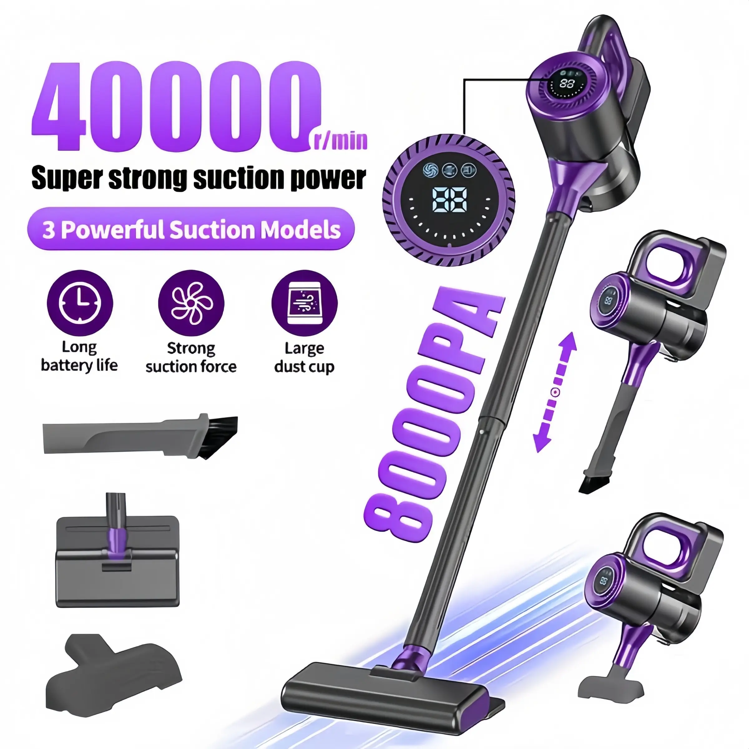 4-In-1 Handheld Stick Vacuum Cleaner, Super Lightweight Vacuum - 8000 Pa Strong Suction, 40000RPM High-Speed Motor, 43.96 Oz Large Dust Cup, Multi Function Vacuuming & Mopping & Sweeping, Suitable for Home, Powerful Stick Vacuums, Home Cleaning Tools