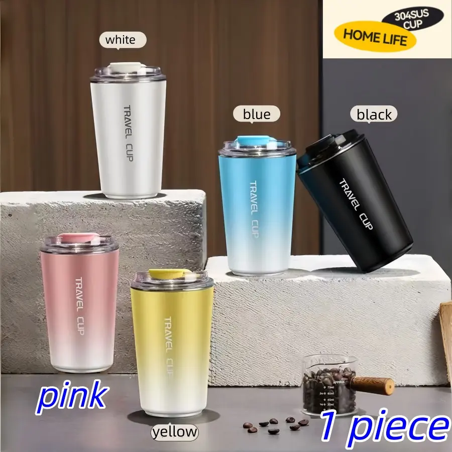 450ml 304 SUS Food Grade Stainless Steel Travel Mug, Double Wall Insulated Gradient Coffee Cup, Leakproof Flip Lid Portable Water Cup, For Car Camping Outdoor Daily Use, 5 Colors White/Blue/Black/Pink/Yellow