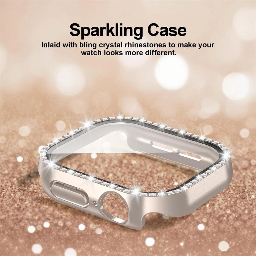Diamond Case For Apple watch series 10 9 8 7 6 5 4 se 46mm 42mm 44mm-40-41-45mm Glass+Bling Bumper Screen Protector Accessories