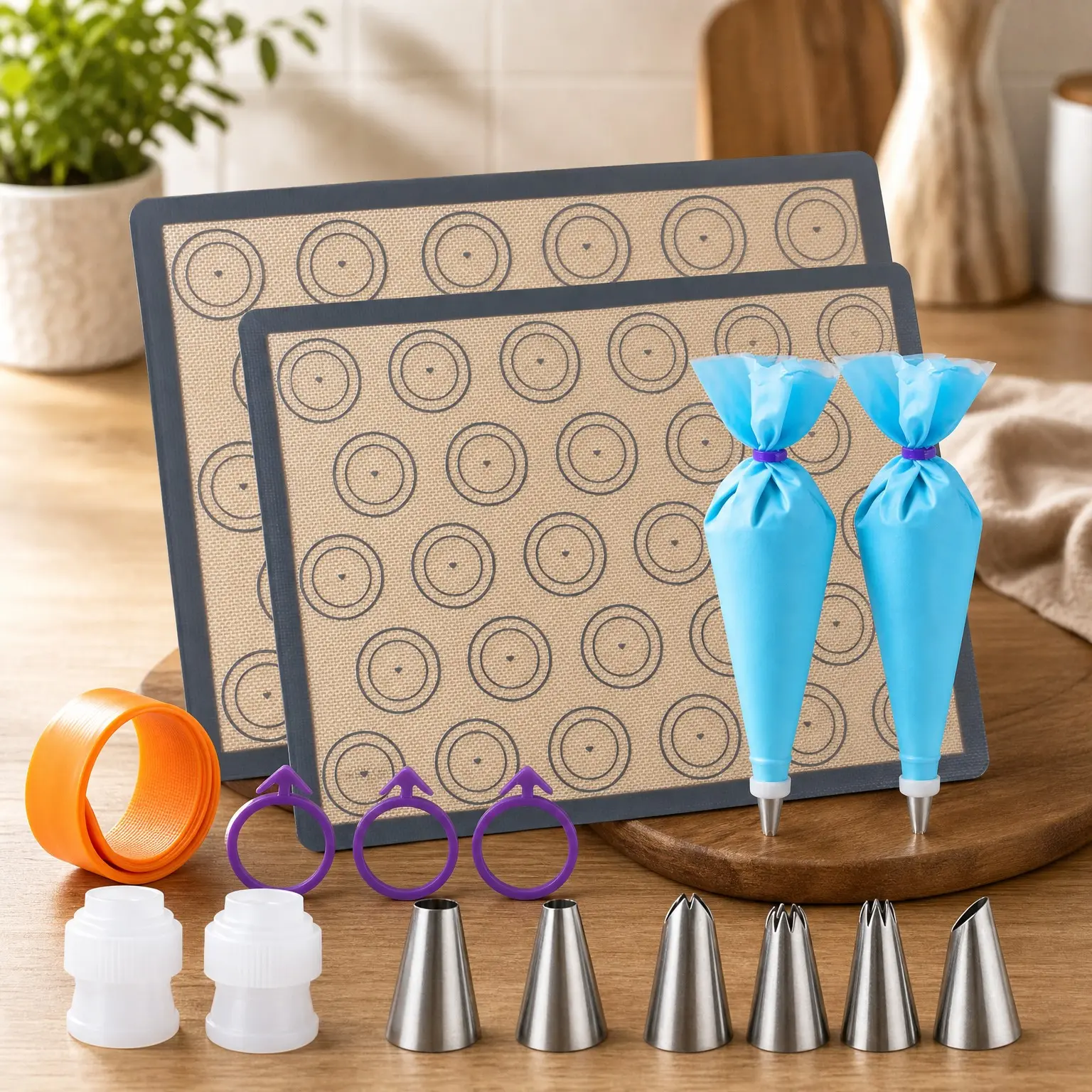 16-Piece Macaron Baking Mat Set – 2 Half Sheet Nonstick Silicone Macaron Mats, 6 Piping Tips, 2 Piping Bags, 3 Bag Ties, 2 Couplers(Gift)