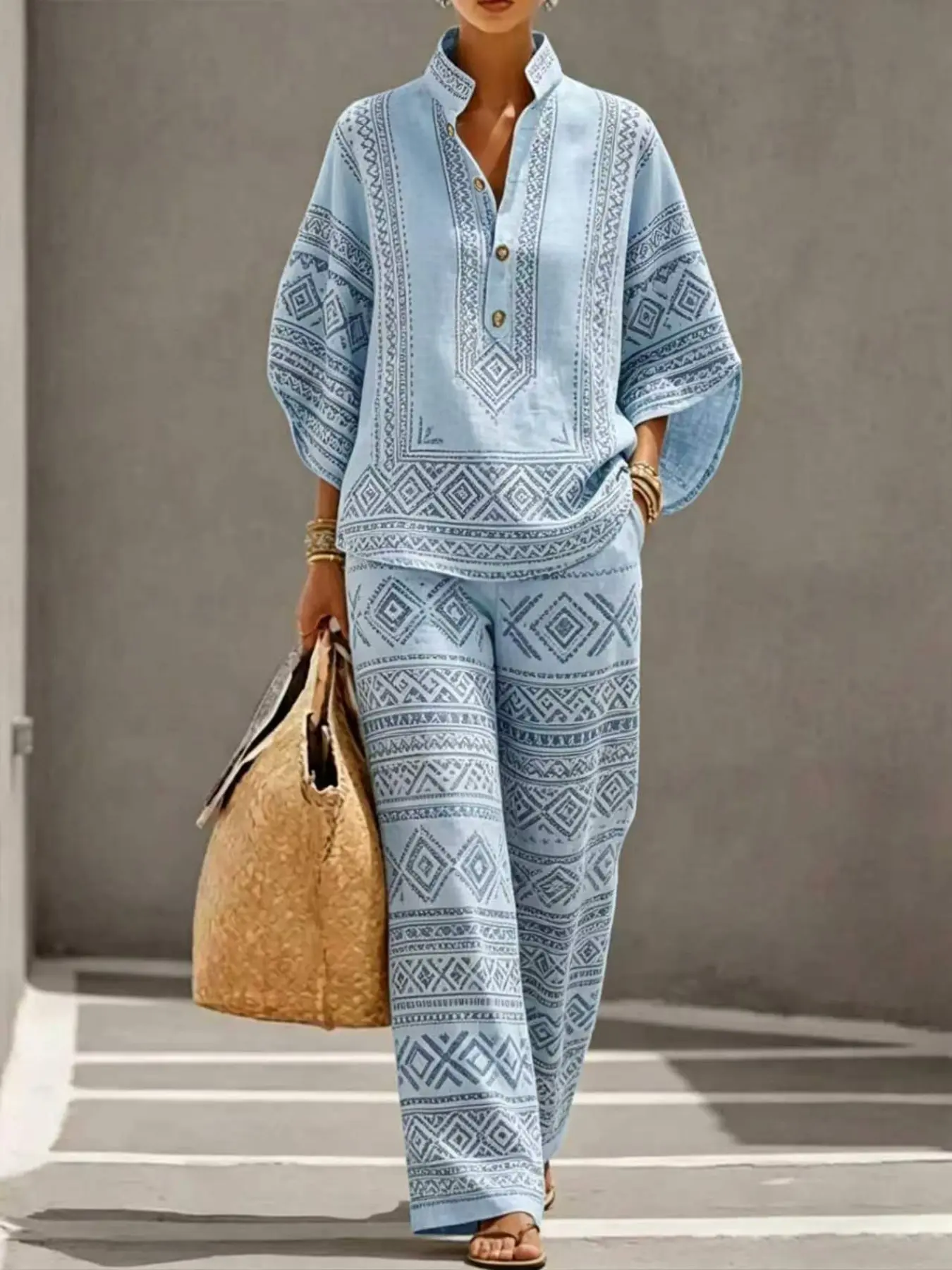 Women's Ethnic Geometric Print Fashion Casual Baggy Batwing Sleeve Clothes Set, Stylish and Comfortable, Perfect for Daily Wear and Special Occasions