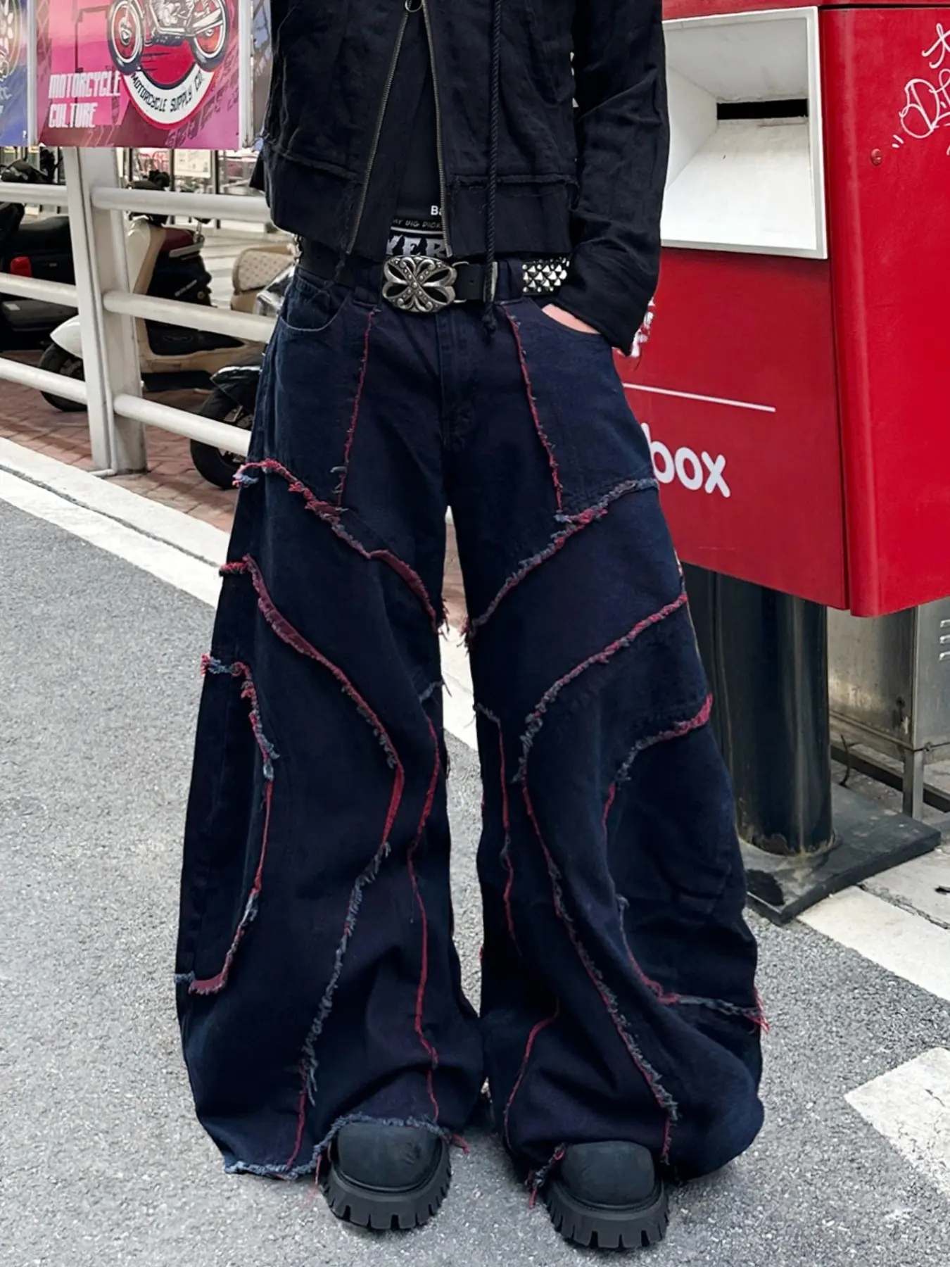 Men's Vintage Washed Patchwork Embroidered Fringe Bell Bottom Jeans, Y2K Streetwear Hip Hop Fashion Loose Long Pants, All Seasons, Aesthetic