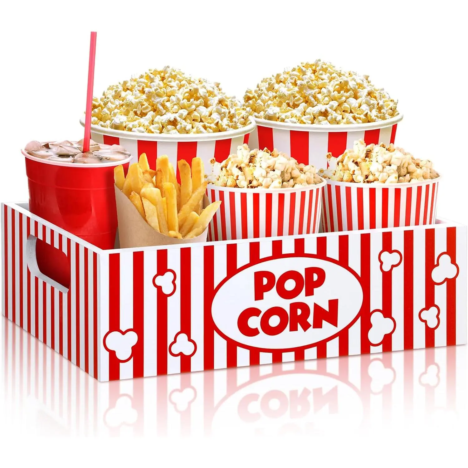 Solid Wood Striped Sturdy Reusable Popcorn Tray with Handles - 11.8x8.6x3.5in Cinema Snack Holder, Office Organizer, Valentine Movie Night, Christmas Friends Retro Vibes Accessory