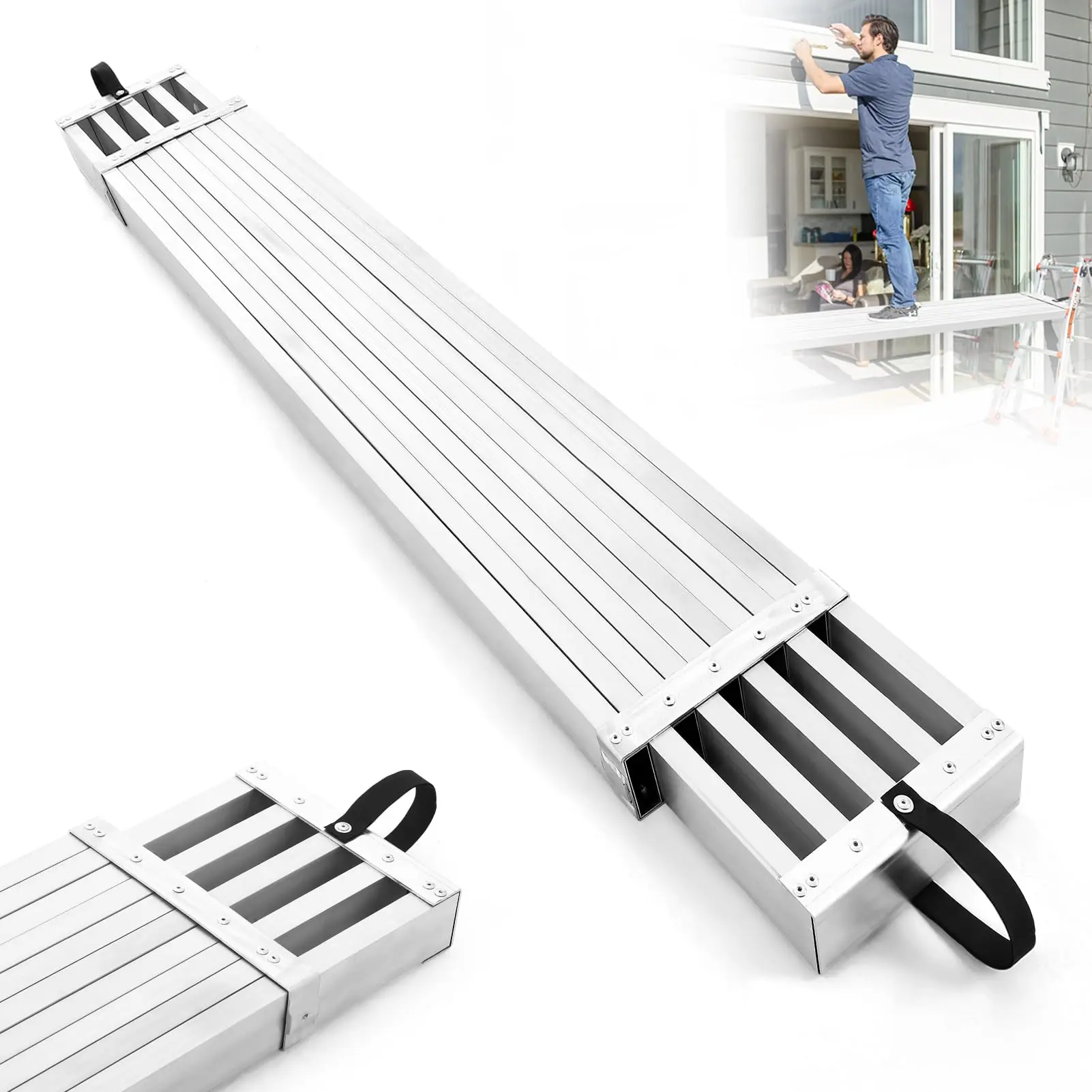 GARVEE 8-13ft Telescoping Aluminum Work Plank with 440lbs Capacity, Extension Scaffold Board Featuring Skid-Proof Platform for Secure Ladder Access and Versatile Construction Use