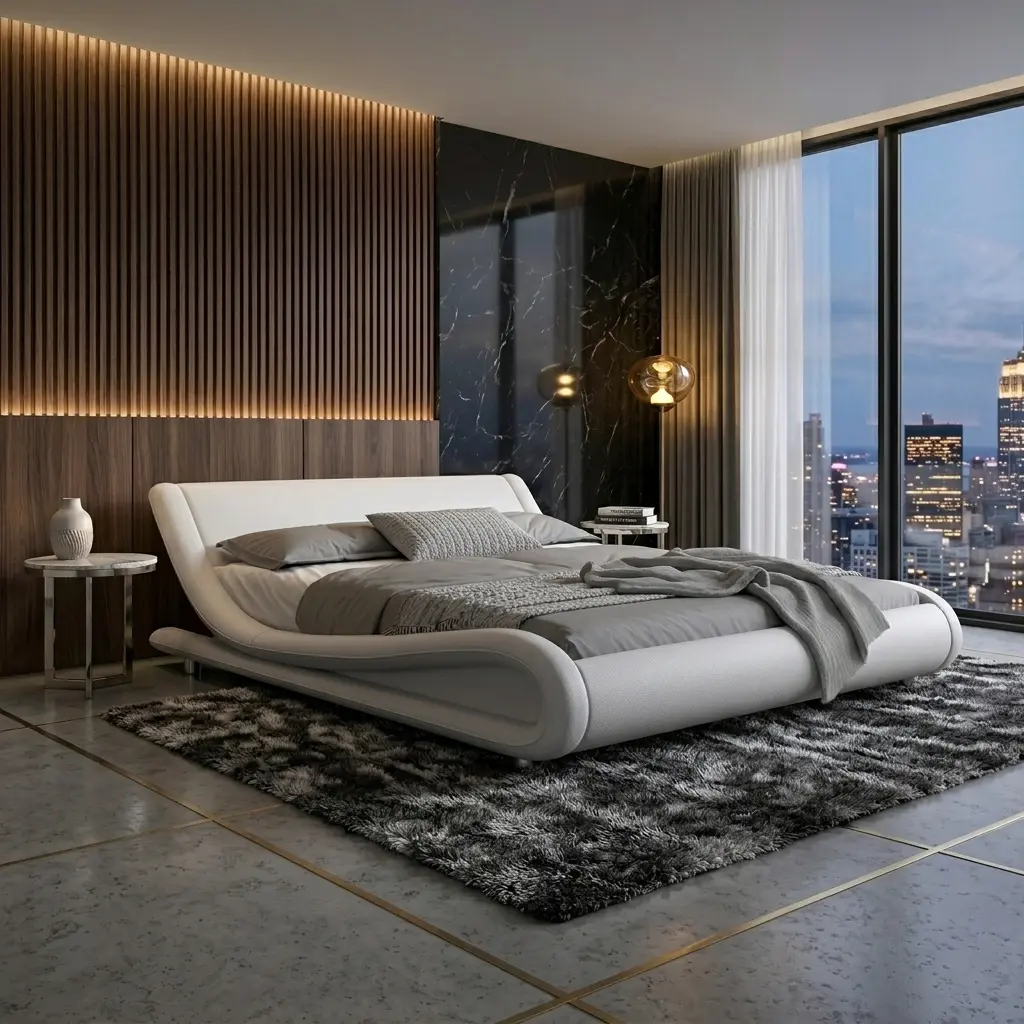Upholstered Platform Bed Frame【Frame Only No Mattress】,Low Profile Sleigh Design with Linen/Faux Leather Headboard - Full/Queen/King Sizes,White/Black/Grey,No Box Spring Required