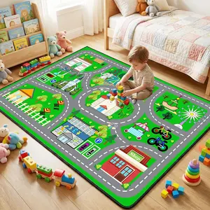 Car Rug Play Mat - Green Road Rug  Kids Boys Room, Fun Race Track Traffic Road Carpet  Boys Playmat Educational Learn, Car Carpet  Kids Room Decor Playmat Bedroom Playroom, 2.5x4 Feet