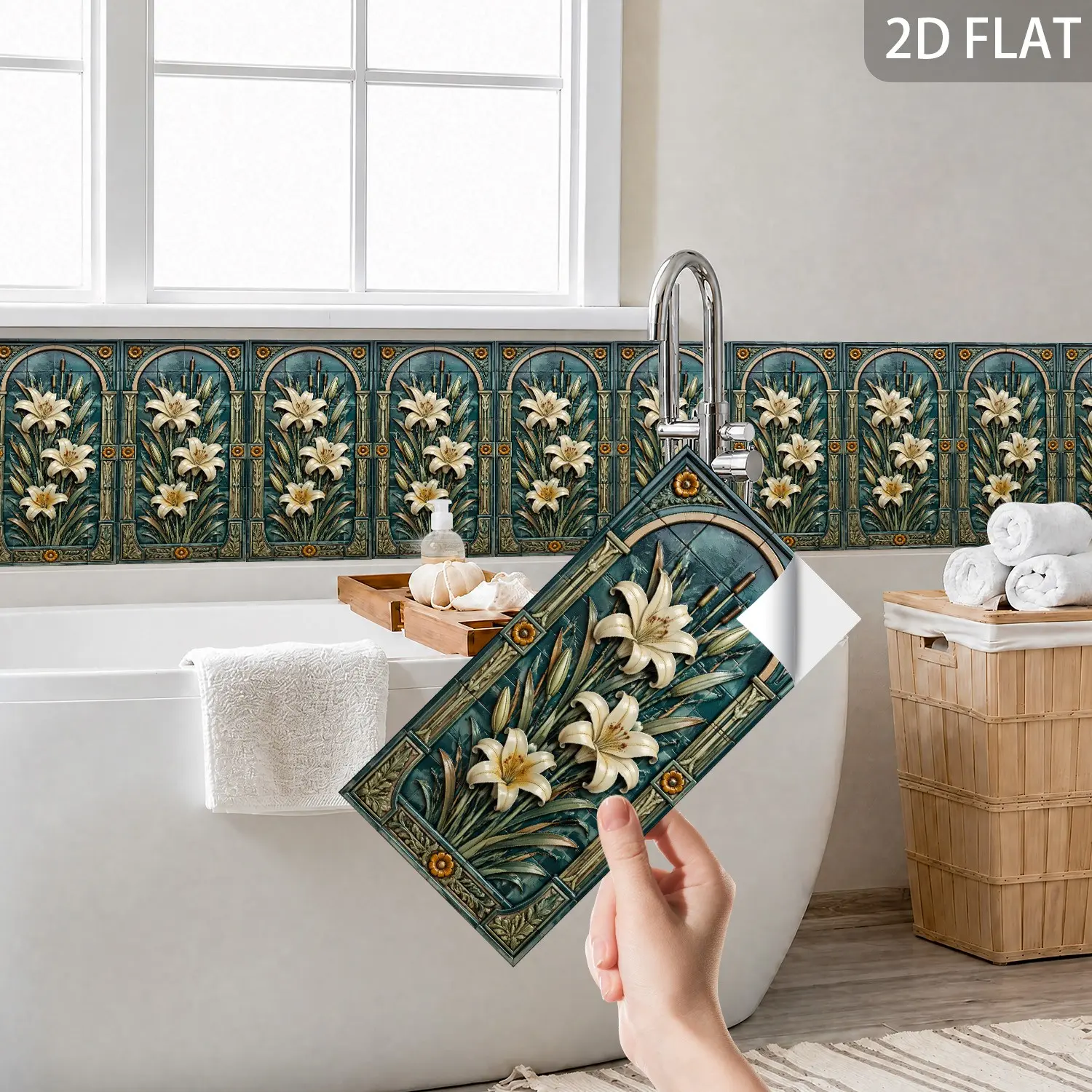 Glazed Border Tile Peel and Stick 14x28cm, Ceramic Wall Border Strip, Waterproof Pvc Self Adhesive Tile for Kitchen & Bathroom Decor