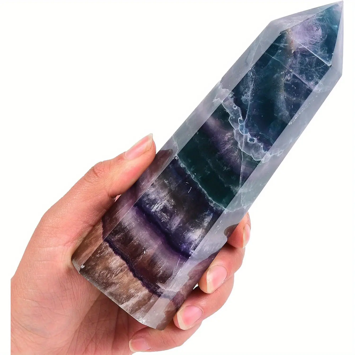 AMOYSTONE Large Colored Fluorite Crystal Obelisk Tower Pointed Wand, 1.8-2.2Lbs Natural Healing Stone Ornament for Home Spiritual Decor & Meditation indoor space