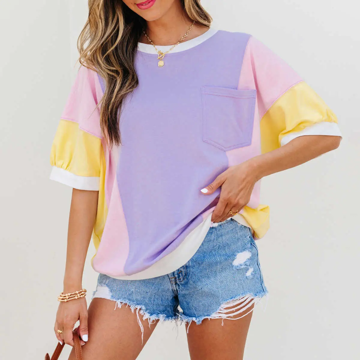Women's Purple Color Block Patchwork Half Sleeve Oversized T Shirt