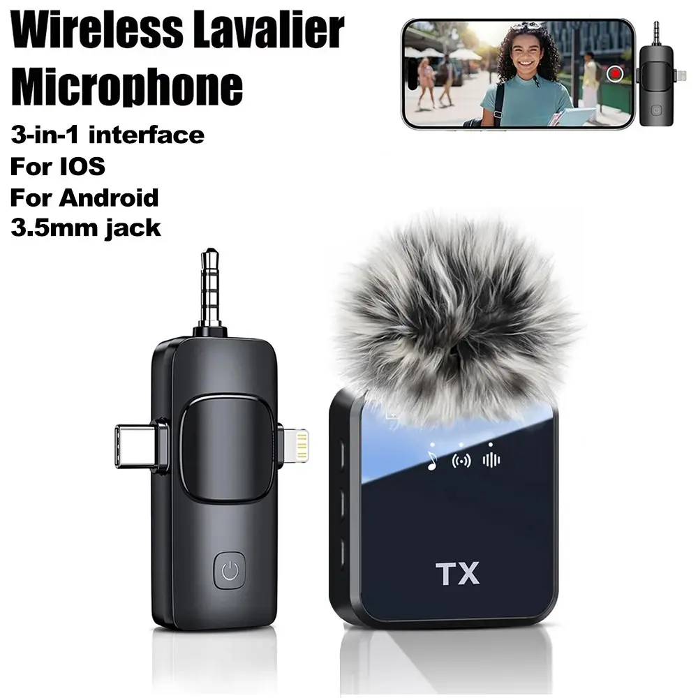 Wireless Lavalier Microphone 3-In-1 Receiver with Noise Reduction and Reverb, Portable, Compatible with iOS Android Camera, Ideal for Live Streaming
