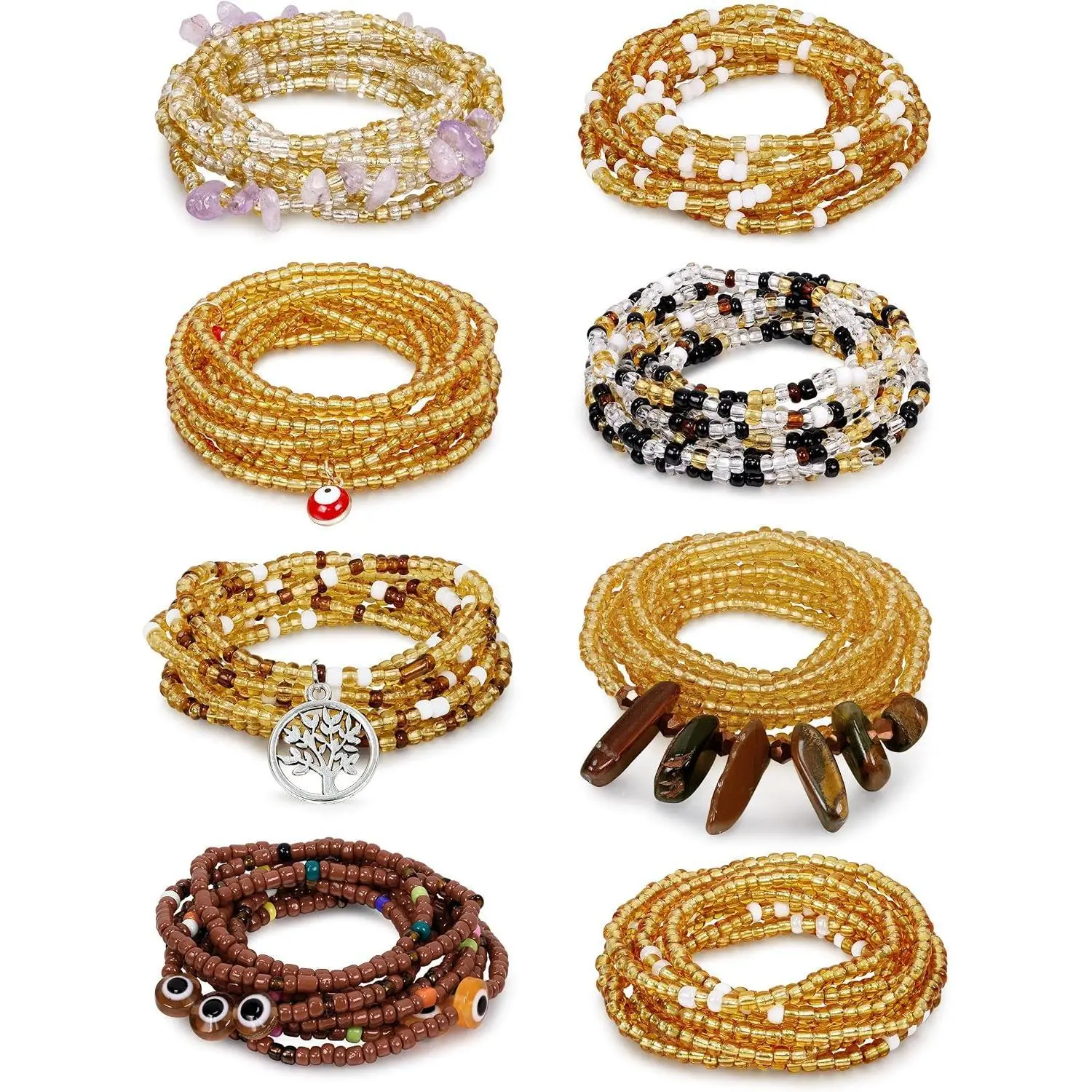 8PCS African Waist Bead Chains for Women Layered Belly Body Chain Handmade Plus Size Beaded Belly Chain Colorful Elastic Flower Butterfly Body Chains Summer Beach Bikini Body Jewelry 31-45in
