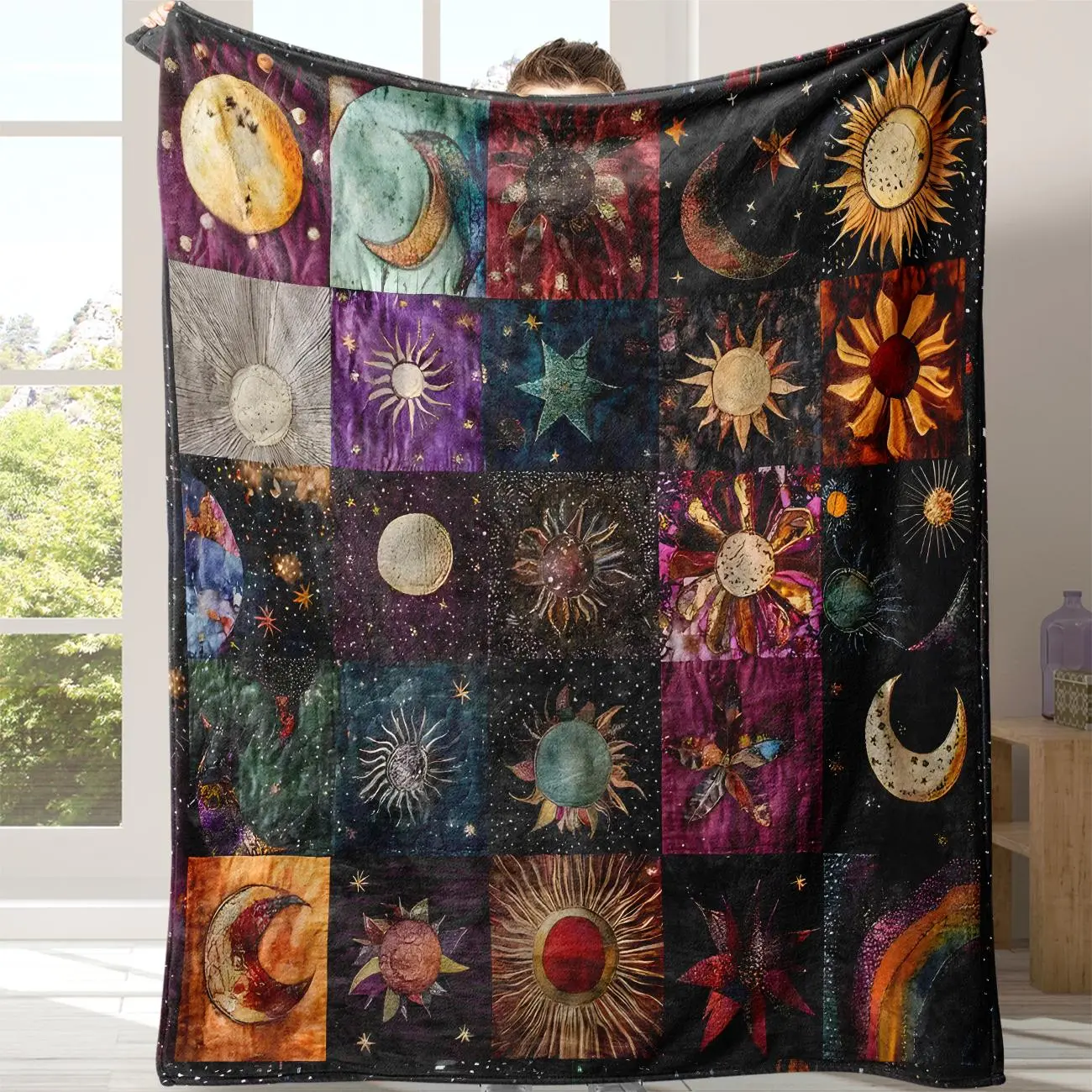 Retro Boho Patchwork Celestial Sun Moon Stars Flannel Throw Blanket, Astrology Cosmic Quilt Style Blanket for Couch Bed Sofa, Soft Cozy Blanket for Bedroom Decor, Gift for Astrology Lovers and Spiritual Home Decor