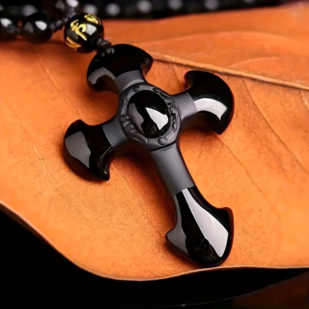 1 Piece Obsidian Necklace Cross Lucky Amulet Protection Pendant, with Bead Chain Black Synthetic Gemstone Amulet Jewelry Gift, Suitable for Men and Women