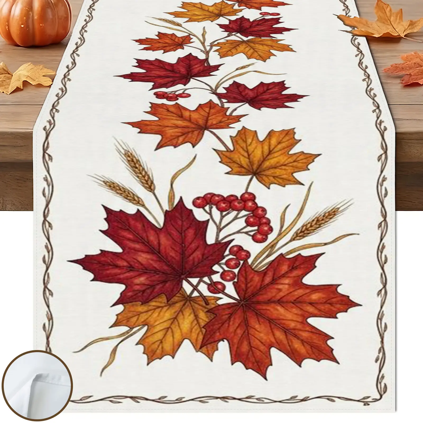 1pc Red Maple Berry Leaf Table Runner, Natural Botanical Style, Beige Red Yellow Maple Wheat Red Berry Vine Pattern, for Fall Thanksgiving Table Decor.