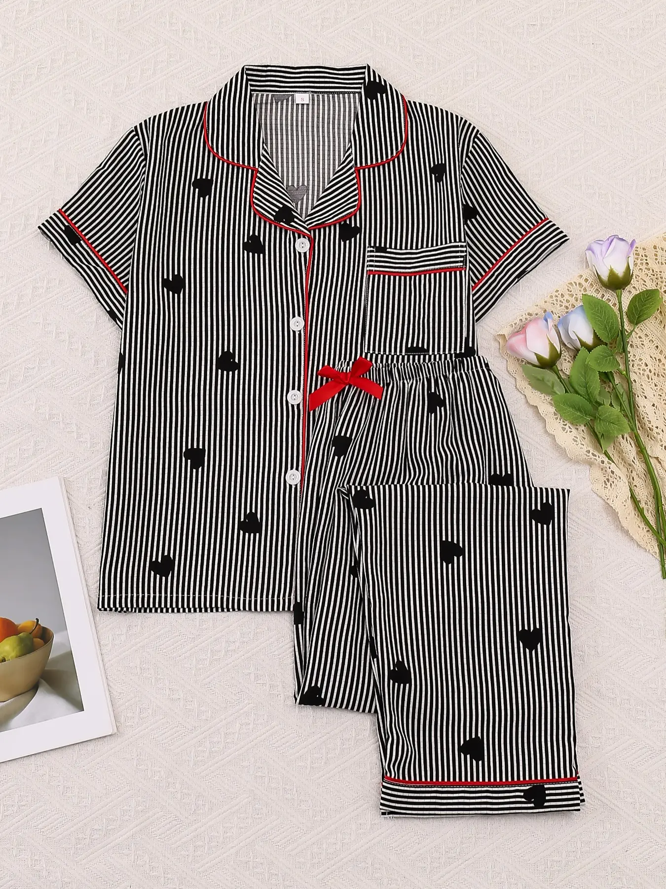 Women's Sleepwear Set, Feminine Sweet Casual Home Clothes Loungewear, Short Sleeve Pajamas Bow Tie Pants, Elegant Simple Striped Heart Print, All Seasons Wear