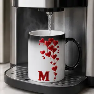 Color Changing Mug 11oz Heat Sensitive Ceramic Coffee Cup Heart Balloon Initial Letter M Romantic Gift for Women Mom Valentine’s Day