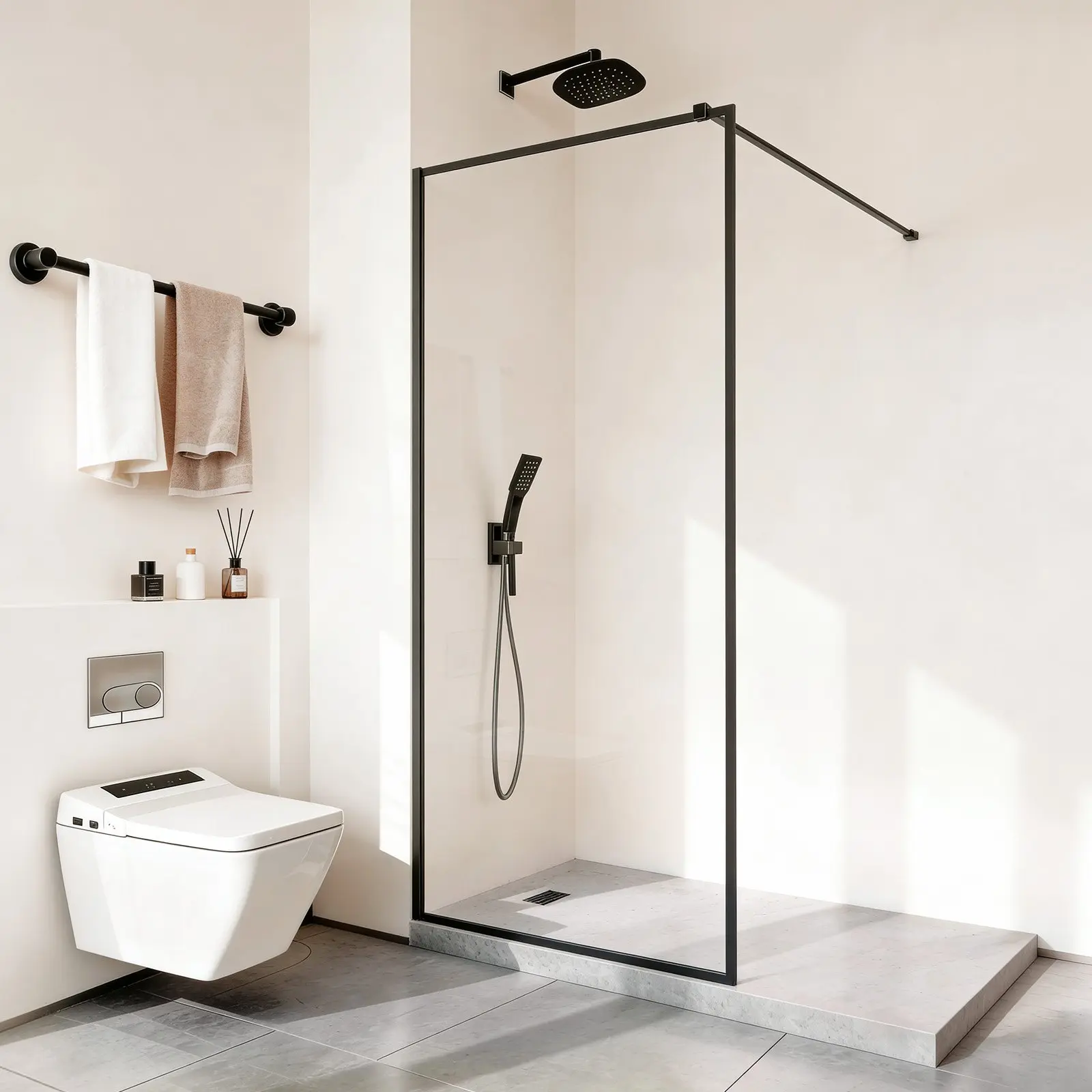toolupgrade Wall-Mounted Fixed Frame Shower Enclosure, 34x73.6 in Full-Framed Tempered Glass Panel, 5/16 in Thick Glass with Bottom Seal Strip, Reinforced Solid Hardware Support, Easy-Clean Contemporary Bathroom Fixture, Matte Black, Simple Installation