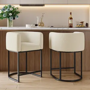 Bar Stools Set of 2 with Lambswool Cushioned Seats, Modern Upholstered Counter Height Bar Stools with Backrest and Arms, Black Metal Frames, for Kitchen Island, Bar, Dining Room, Only Chairs