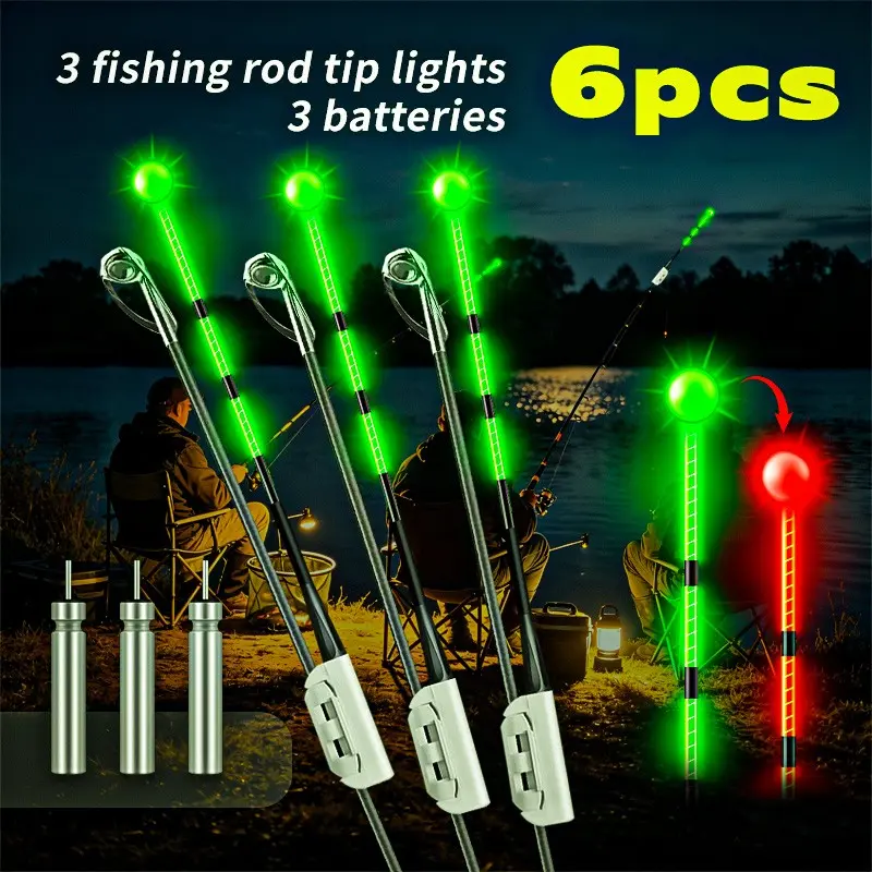 6-Piece Fishing Indicator Set, Flashing Color-Changing Light, Sea Rod Tip Lamp, Night Fishing Glow Stick, Surf Fishing Rod Tip Light, Fishing Lights