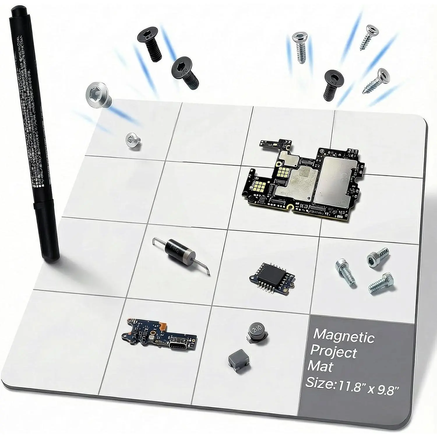 Mat  Project Mat with  Surface & Dry Erase Pen | Screw and Small Part Sorting, Write-and-Wipe , Flexible PVC, Phone, Laptop and PC Repairs, Large Size 11.8 x 9.8 inch
