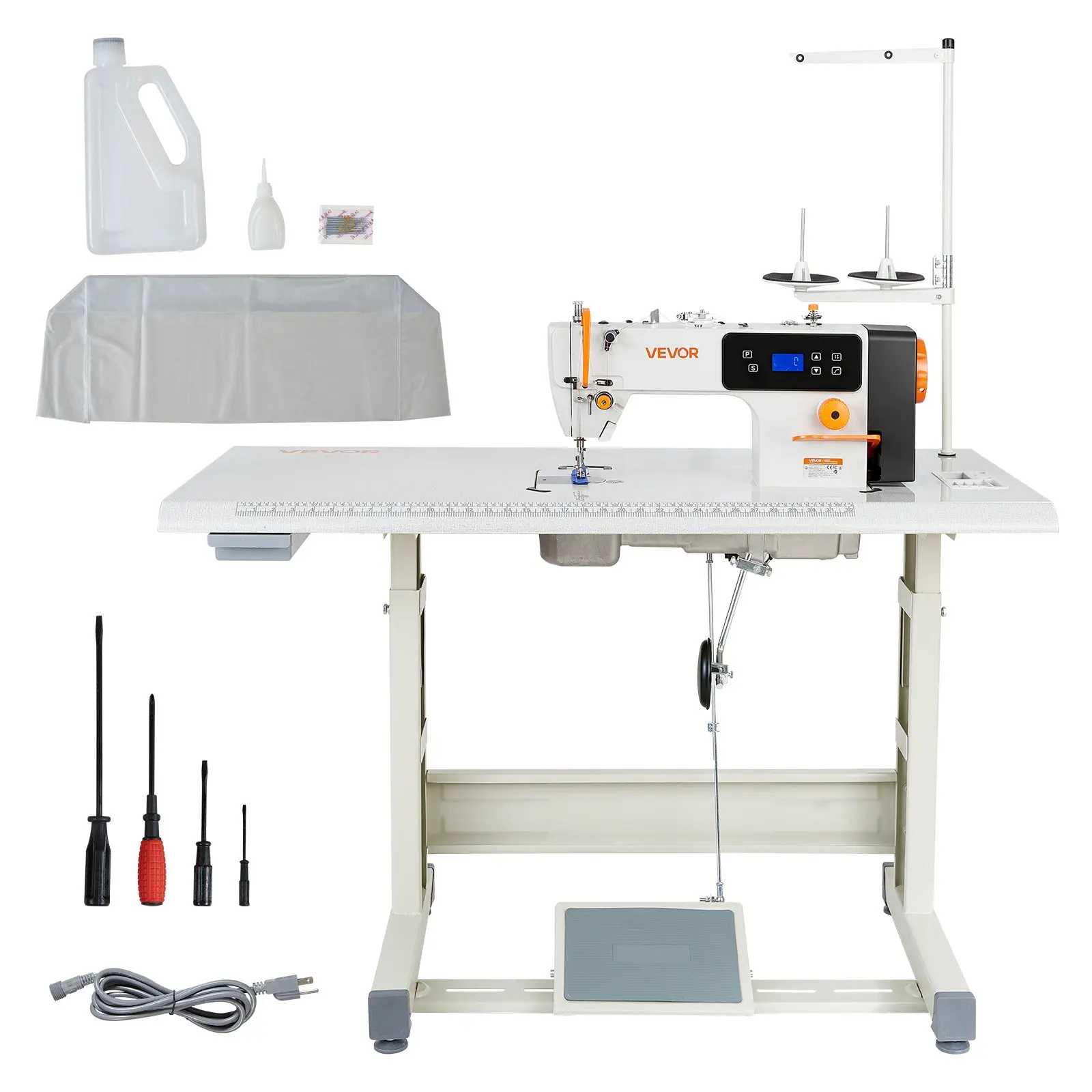 VEVOR Industrial Sewing Machine, 550W Lockstitch Sewing Machine Set with Servo Motor and Table Stand, 5000 SPM High Speed, Metal Frame, LCD Panel, LED Light, for Cotton, Wool, Denim, Leather, Canvas,