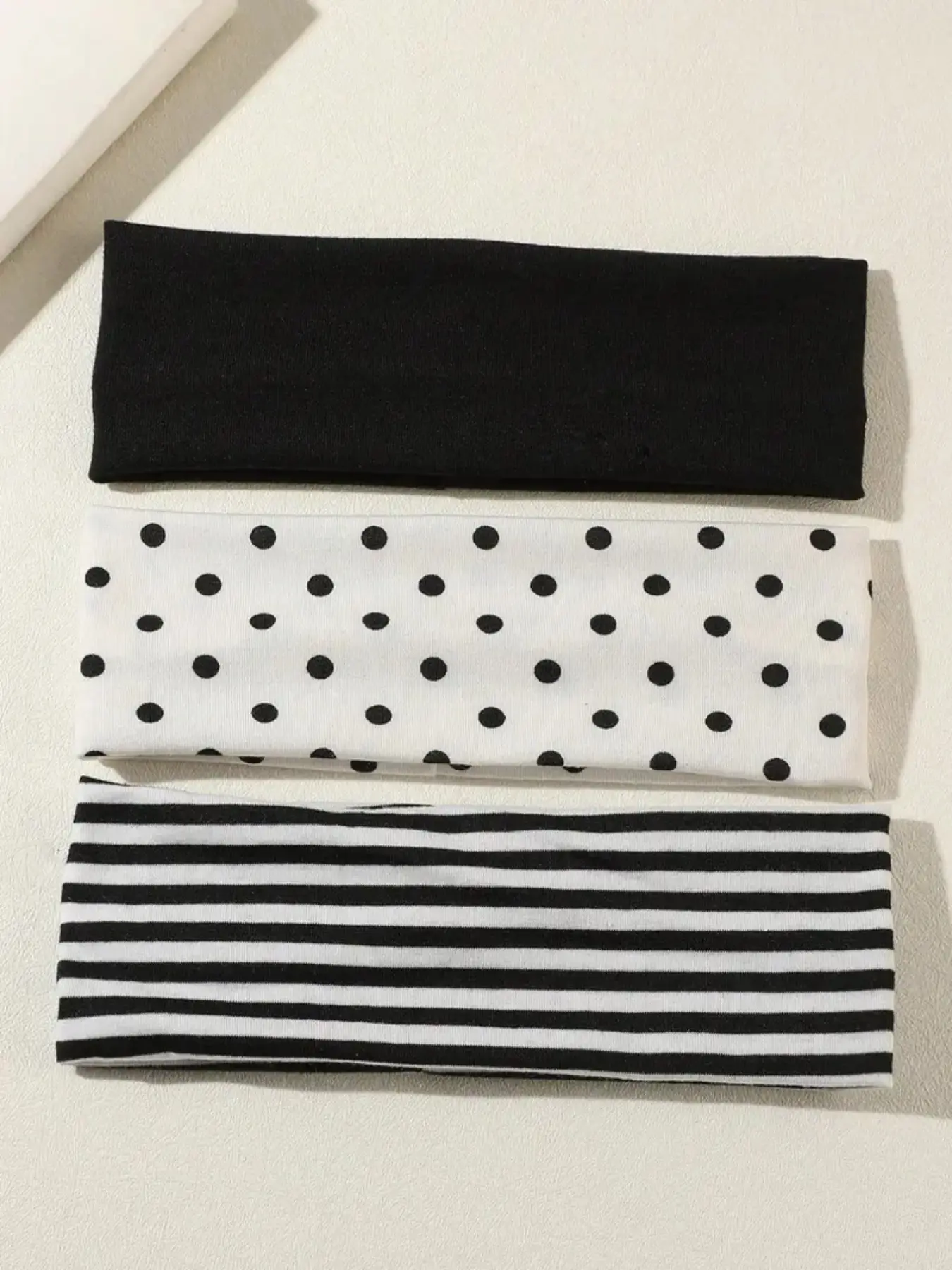 3Pcs Women Elastic Sports Headbands, Black White Solid, Polka Dot & Striped Soft Sweat Wicking Head Wraps, Non Slip Workout Yoga Travel Daily Fashion Hair Accessories
