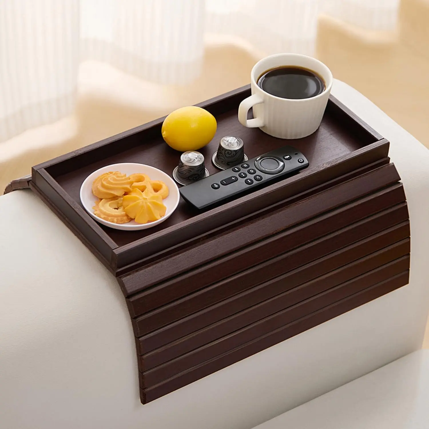 Bamboo Rectangular Portable Couch Arm Tray Table with Anti-Slip Cup Holder for Drinks, Snacks, Phone, Remote, Couch Tray
