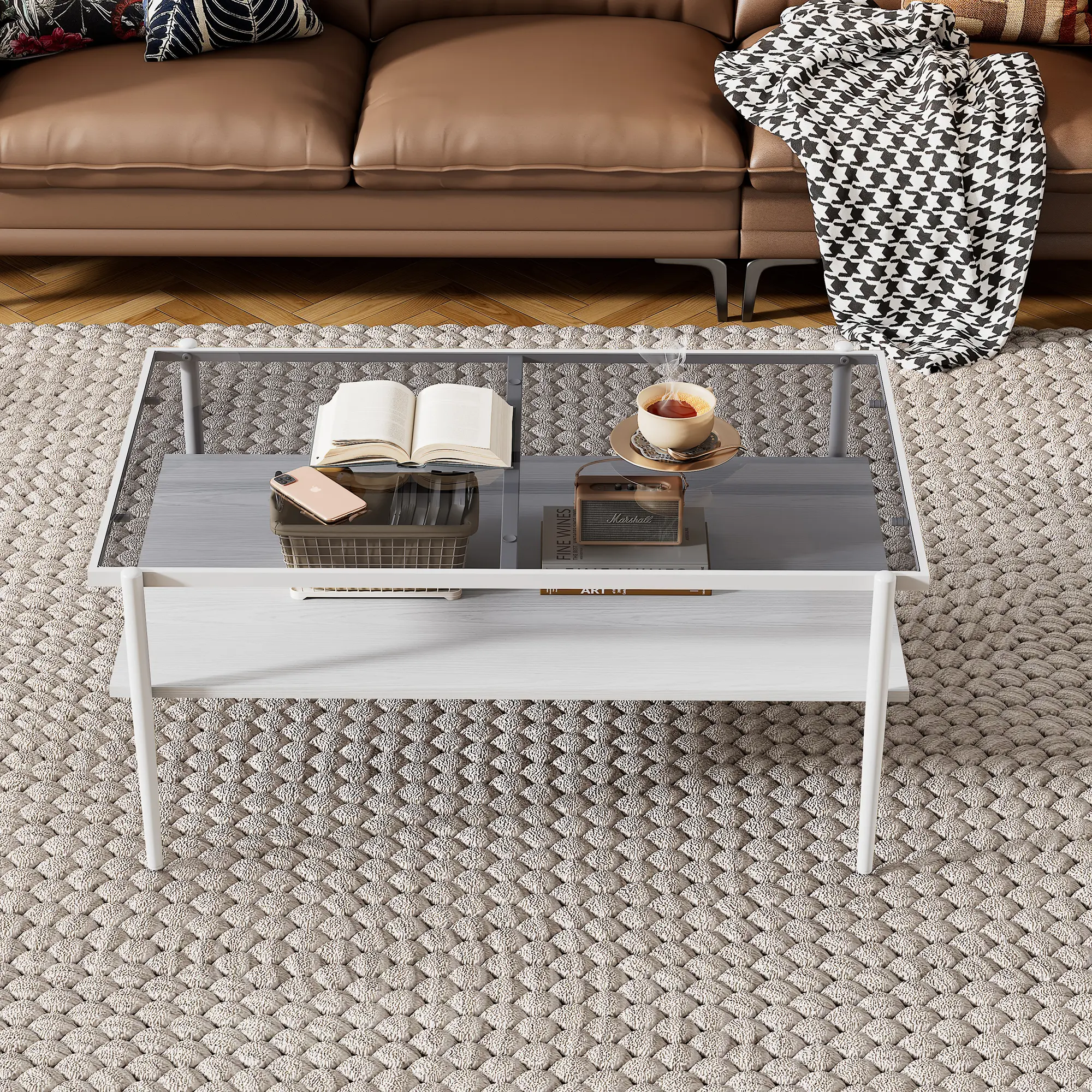 Modern Glass Top Coffee Table with White Frame and Lower Shelf for Living Room Decor