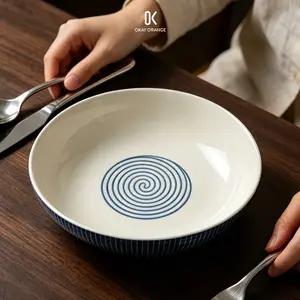 8.5 Inch Japanese Retro Ceramic Pasta Bowl Blue Spiral Swirl Shallow Soup Plate, Porcelain Salad Cereal Bowl Microwave Dishwasher Safe
