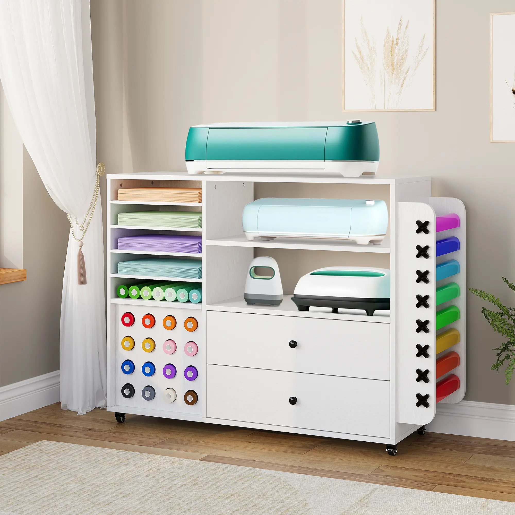 Rolling Craft Storage Workstation Cabinet, 42'' Craft Cart with Drawers & Vinyl Roll Holders, Wheeled Art Supply Organizer Table for Crafting Machine, White