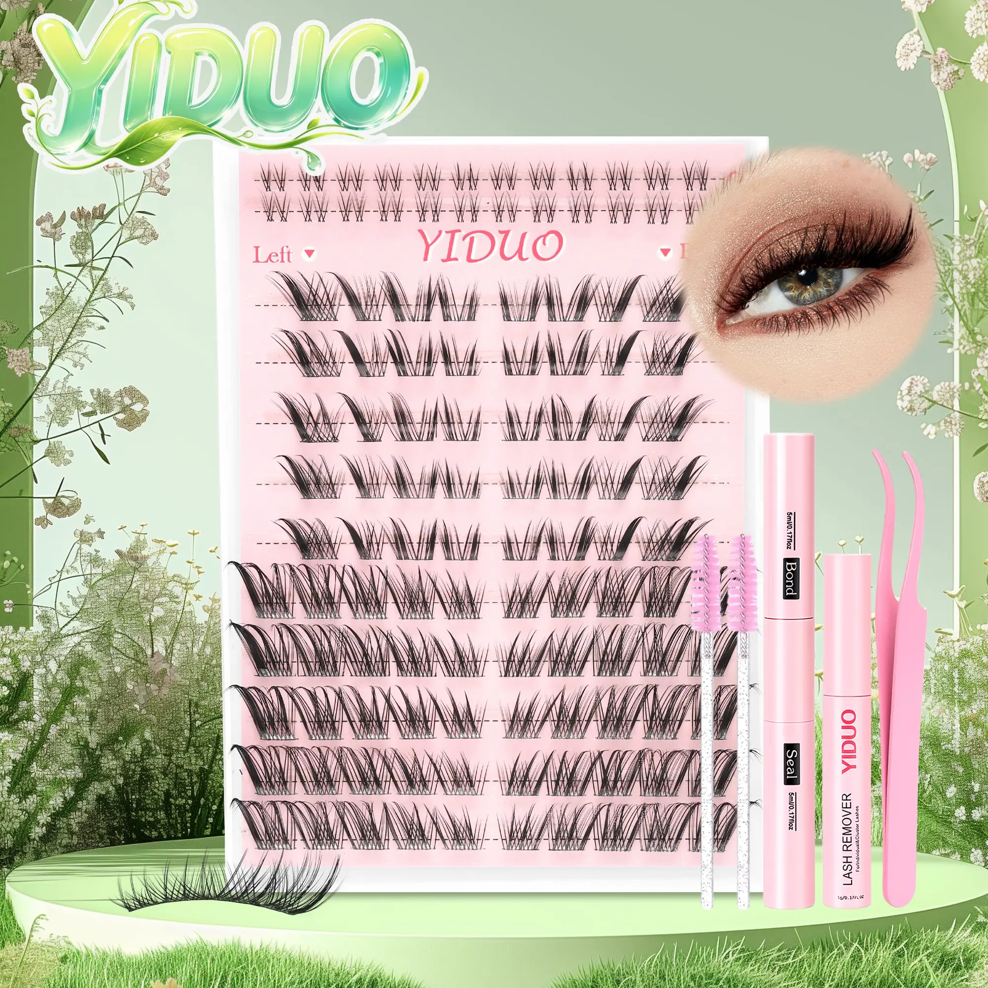 YIDUO Lash Kit Eyelash Cluster Pointed Wispy Volume, C-Curl 8–16mm with Cotton Band. Includes Bond, Seal, Remover & Tweezers – Low-Effort, High-Reward Foxy Eyes in 5 Mins! Wispy Lashes