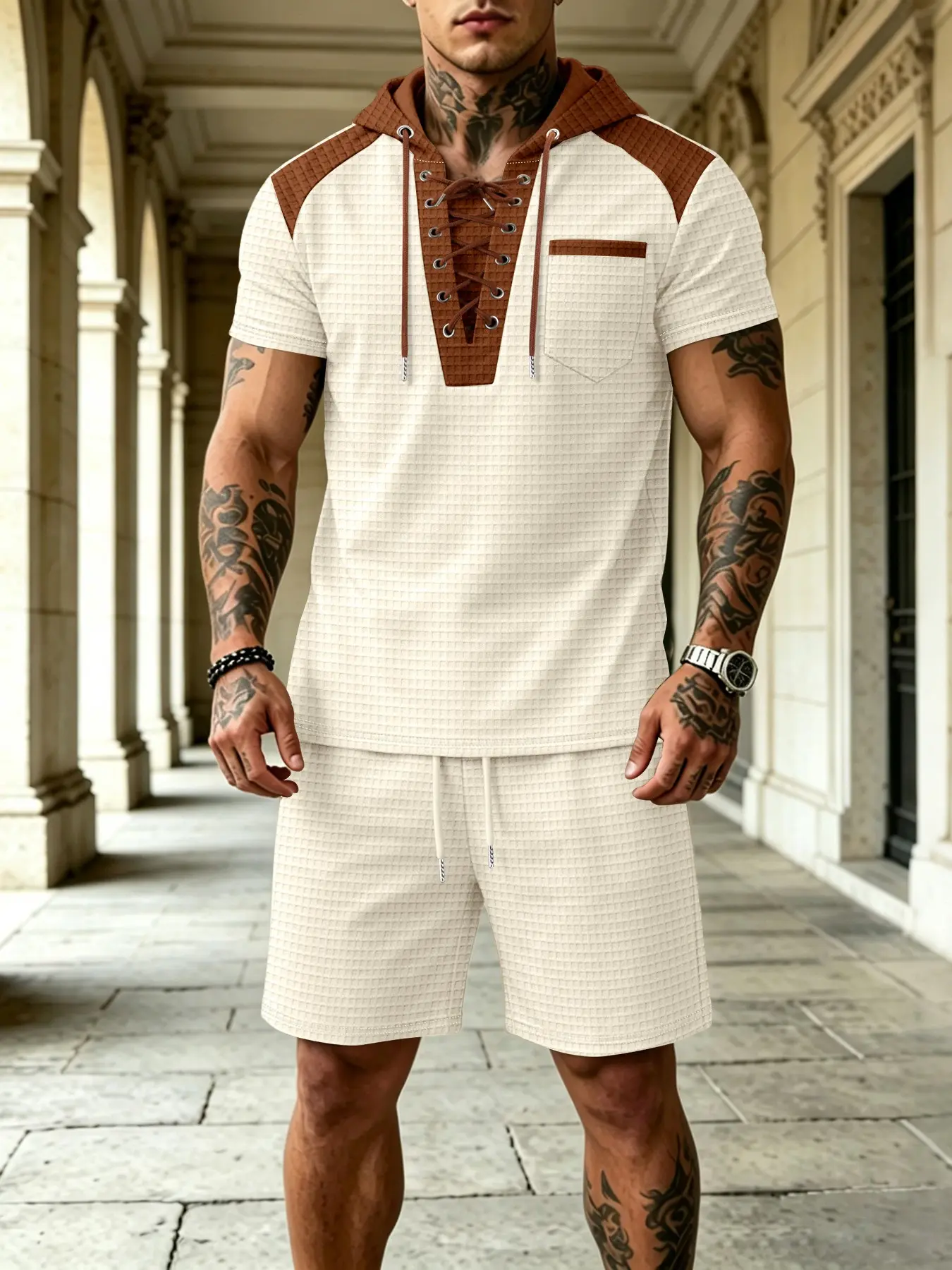 Men's Business Casual Sporty Colorblock Short Sleeve Romper Set, Comfortable and Stylish for Daily Wear, Perfect for Office and Leisure, Menswear