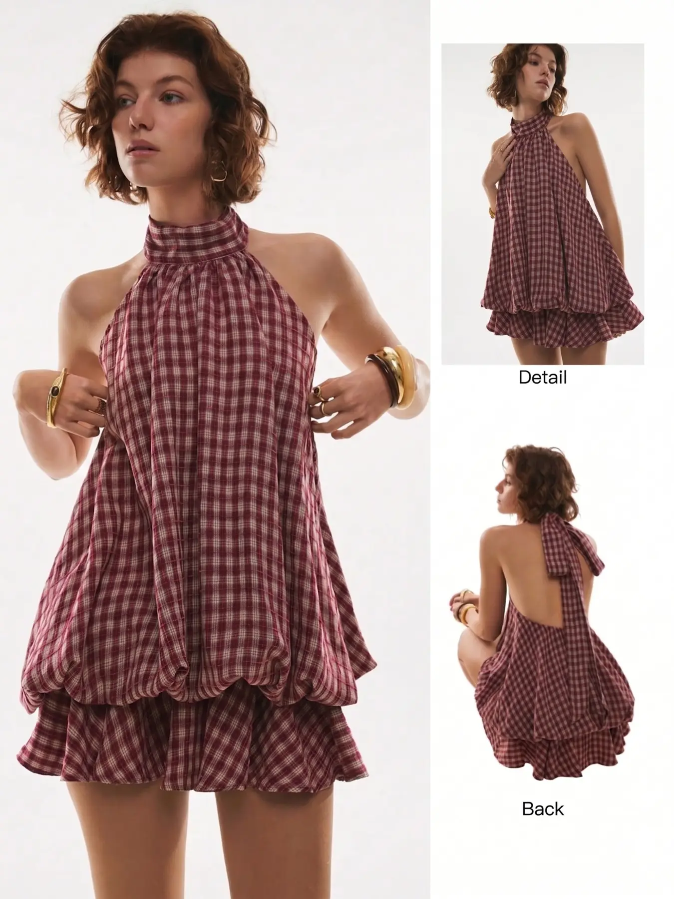 New Summer Spring Halter Neck Sleeveless Loose Dress, Elegant Chic Wine Plaid Ruffle Mini Dress, High-End Style Plain Surface Clothing