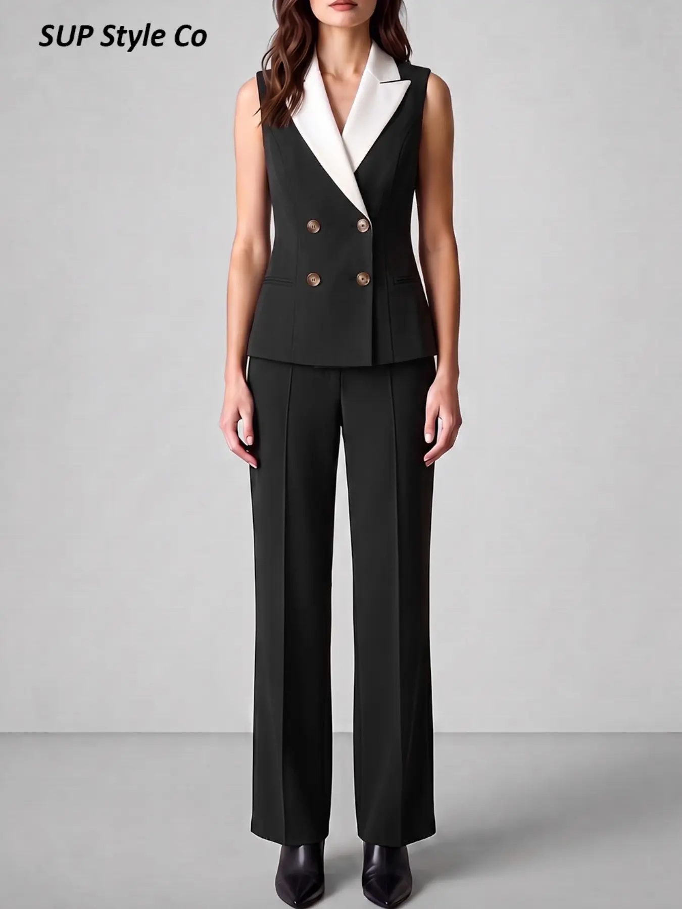 Women's Colorblock Lapel Vest and Wide Leg Pants Set, Spring Summer, Office Formal Wear, Slim Fit Two-Piece Ensemble