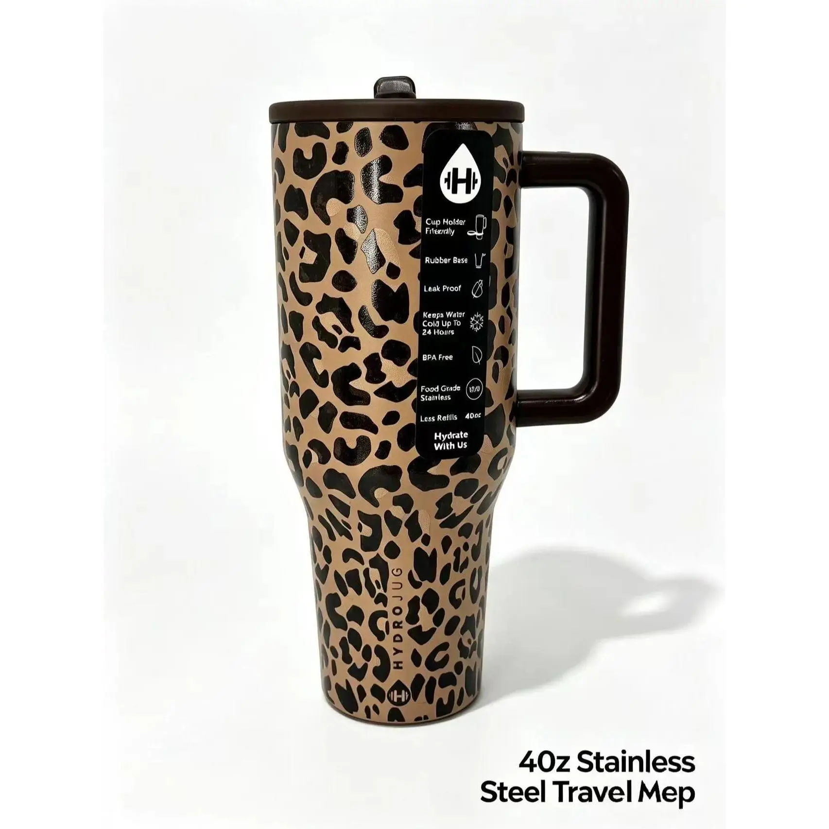 HydroJug 40oz Stylish Leopard Printed Insulated Stainless Steel Travel Tumbler with Handle, Portable Aesthetic Water Cup, Ideal Gift for Leopard Print Lovers Kitchenware Vacuum Flask, Water Bottle