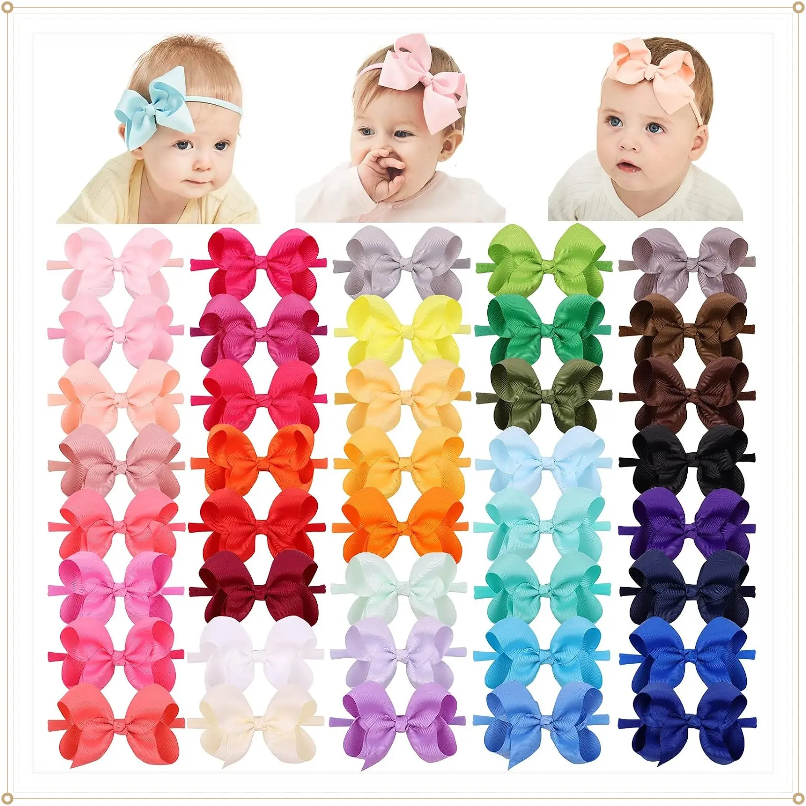 40pcs 4 Inches Baby Girls Grosgrain Ribbon Hair Bows & Headbands Nylon Elastic Hair Accessories for Infants, Newborns & Toddlers, MulticoloredGift